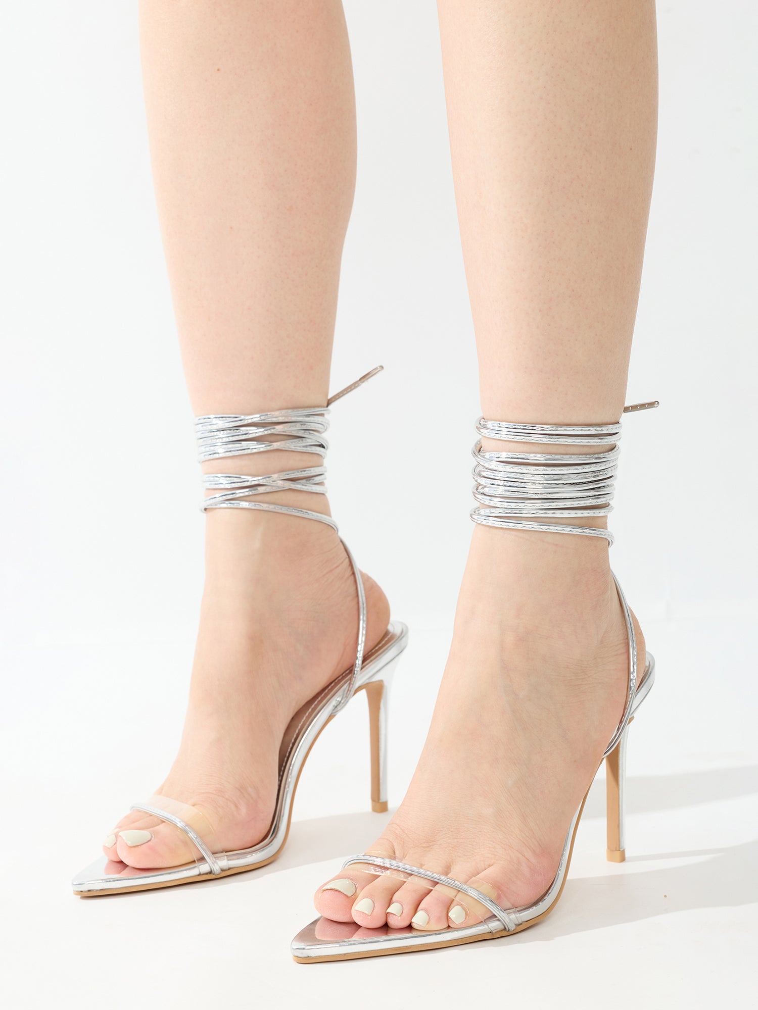 Moroni Pointy Toe Strappy Skinny 3.75-inch high Heels - Silver