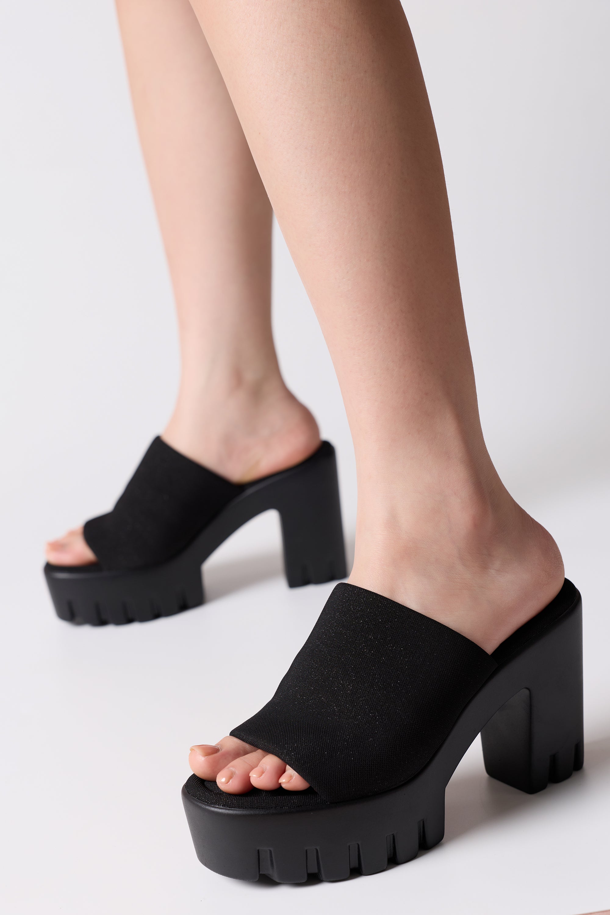 Echoya Women's Chunky Platform Sandals Block Heel - Slip On Elastic Band Shoes- Black