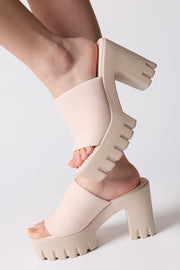 Echoya Women's Chunky Platform Sandals Block Heel - Slip On Elastic Band Shoes- Nude