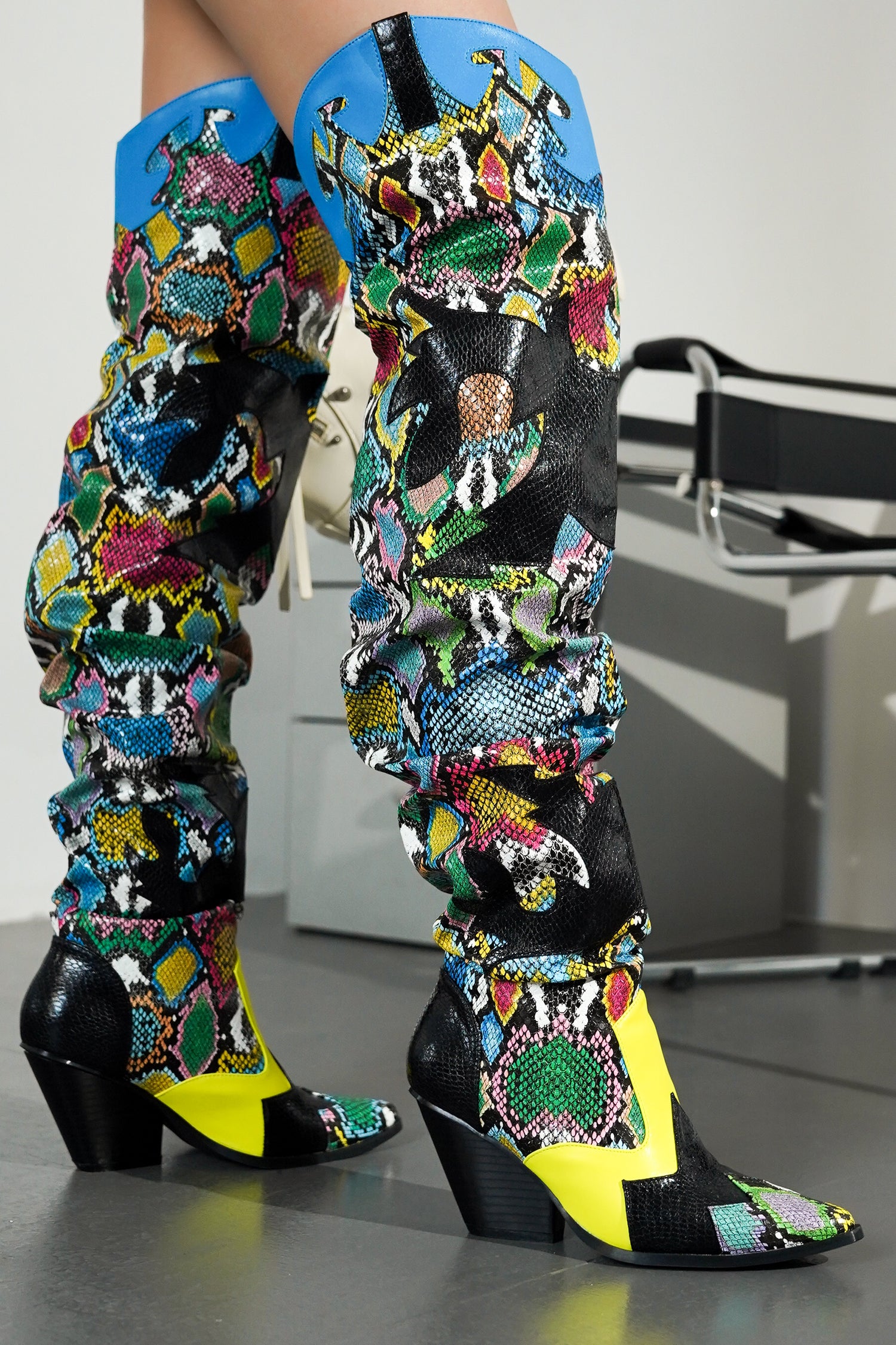 Hilda Faux Snakeskin Thigh High Cowboy Boots - Multi