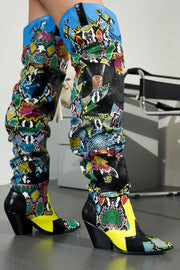 Hilda Faux Snakeskin Thigh High Cowboy Boots - Multi