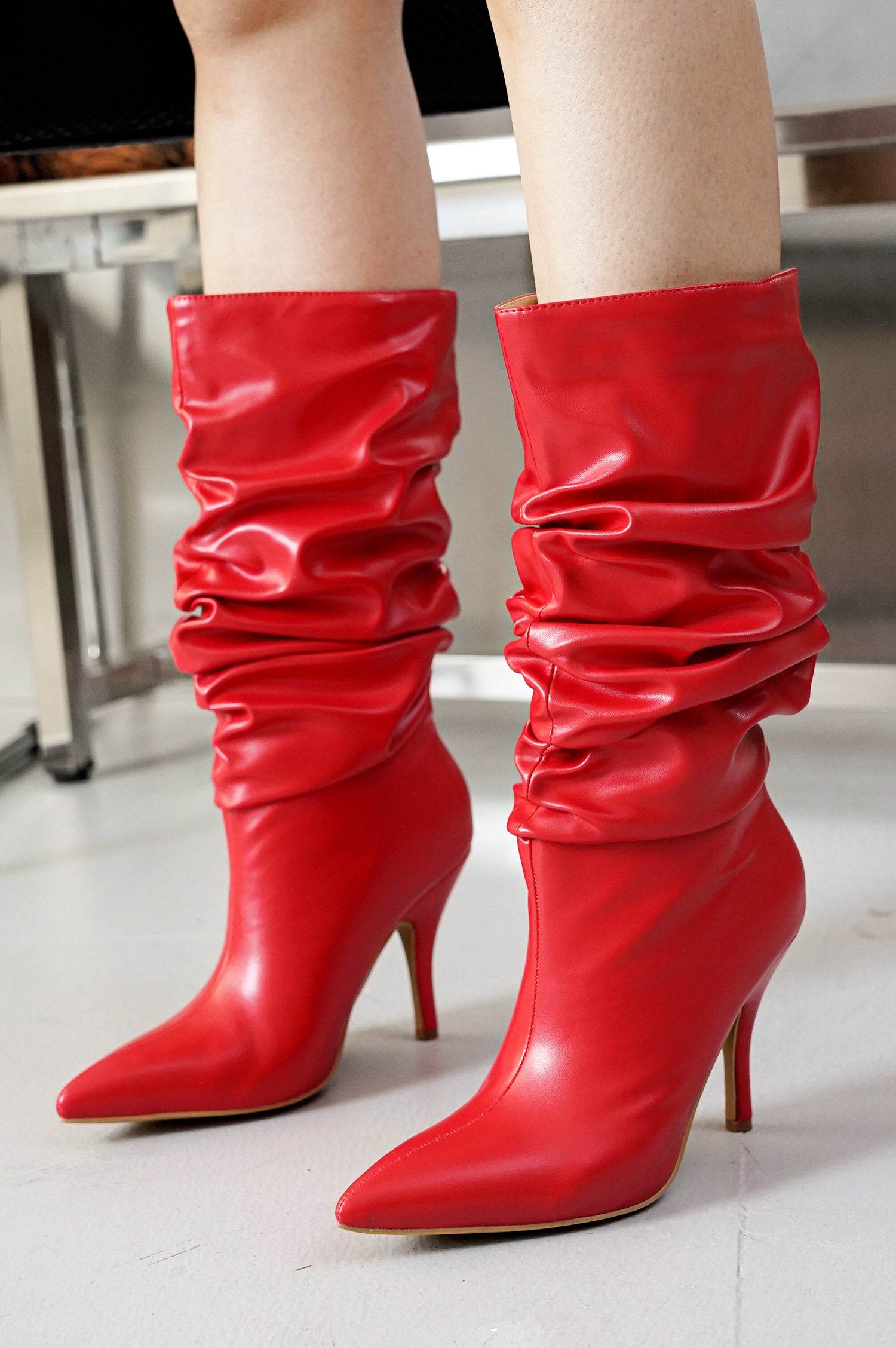 Khaite Ruched Stiletto Mid Calf Boots - Red