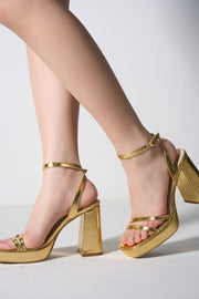 Lumina Women's Metallic Platform Heels - Strappy Ankle Strap Block Heel Sandals - Gold