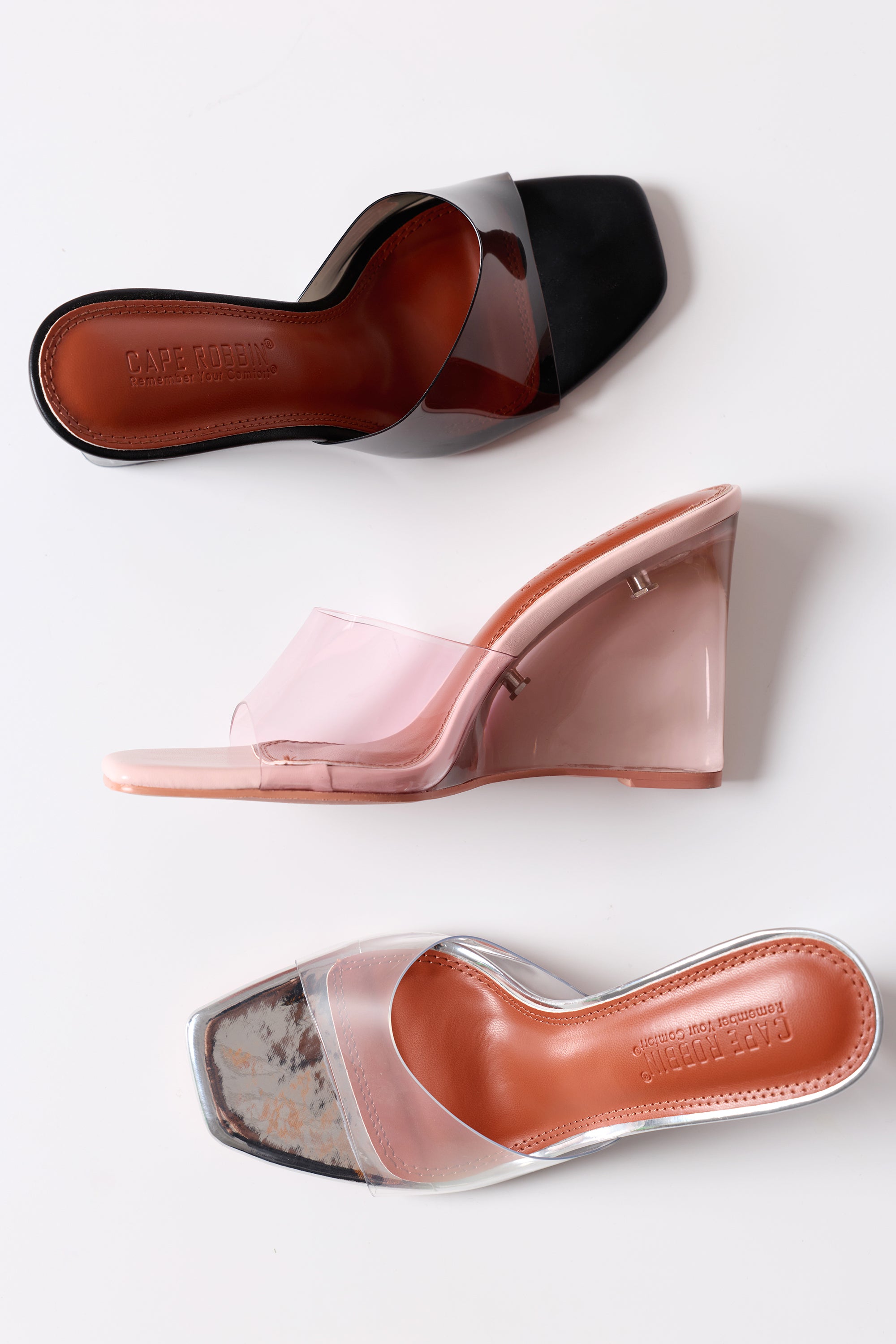 Verve Clear Slip-On Transparent Straps, Square Toe Wedge Heels - Black