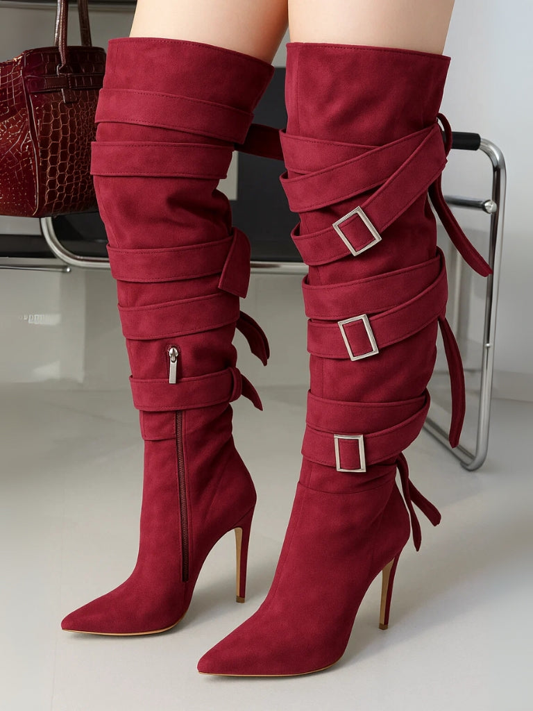 Katey Buckle Suede Wrap Over-the-Knee Boots - Burgundy