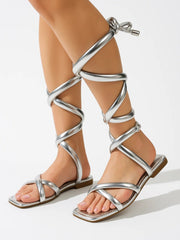 Bernette Thick Lace Strappy Flat Sandals - Silver