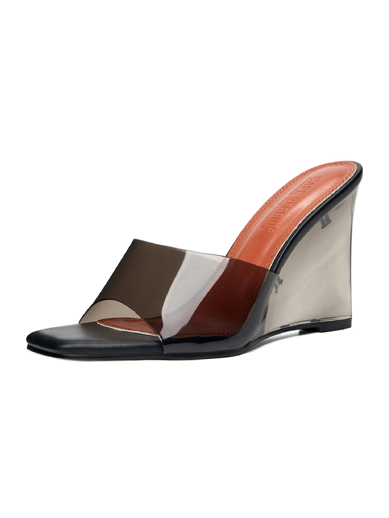Verve Clear Slip-On Transparent Straps, Square Toe Wedge Heels - Black