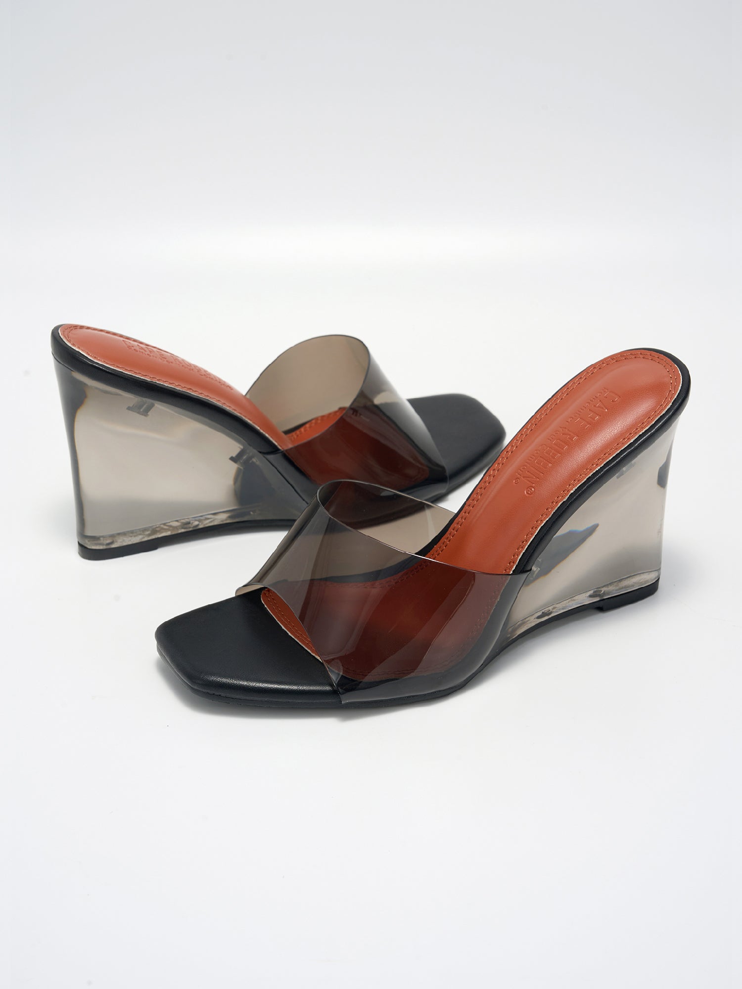 Verve Clear Slip-On Transparent Straps, Square Toe Wedge Heels - Black