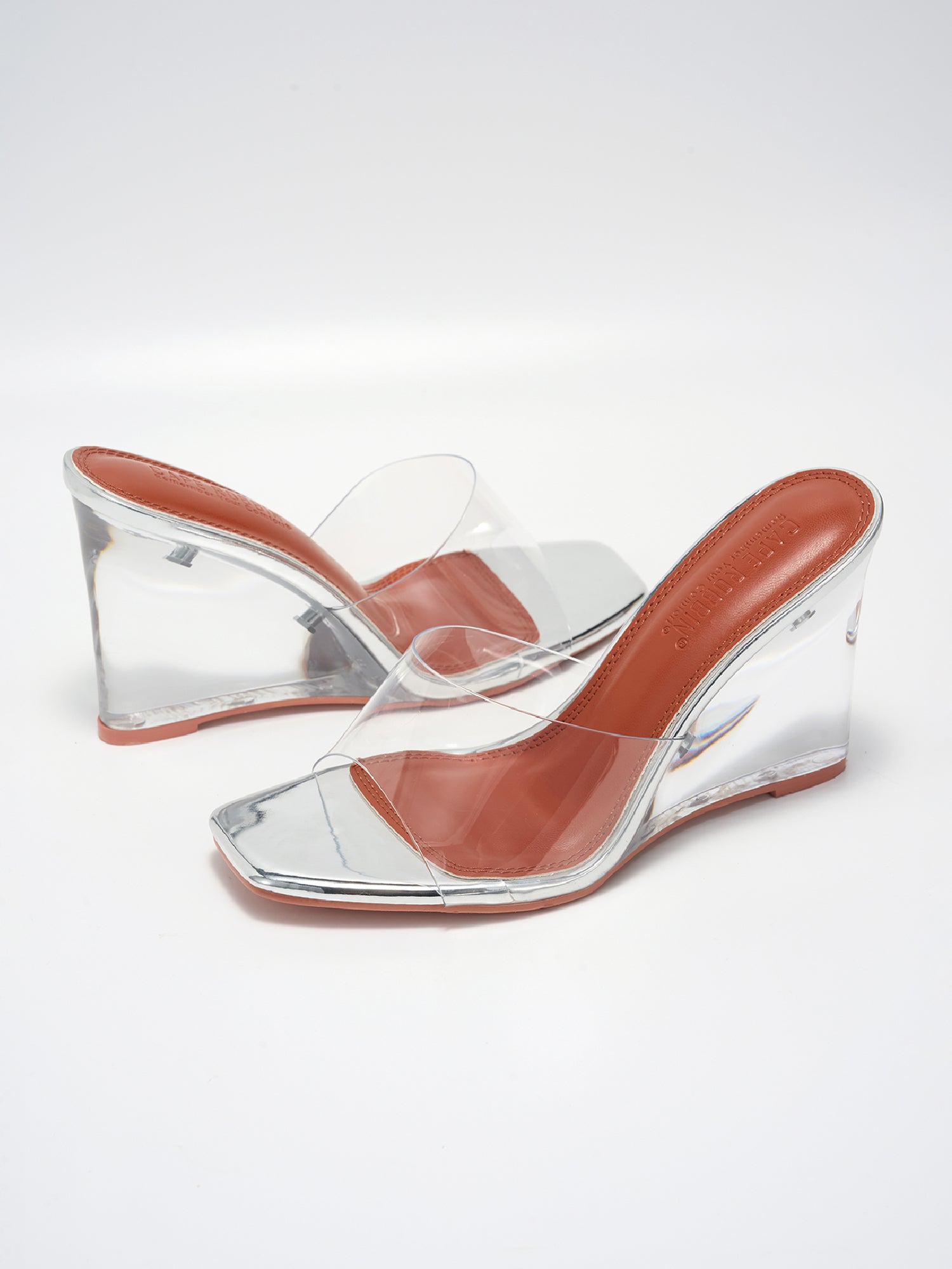 Verve Clear Slip-On Transparent Straps, Square Toe Wedge Heels - Clear