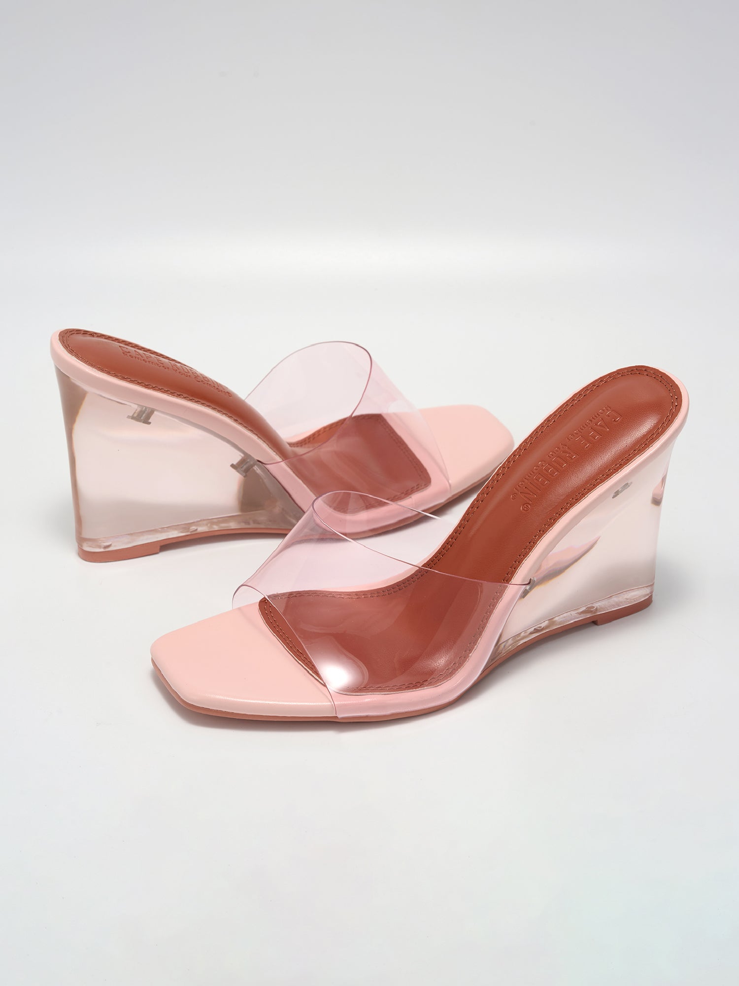 Verve Clear Slip-On Transparent Straps, Square Toe Wedge Heels - Beige