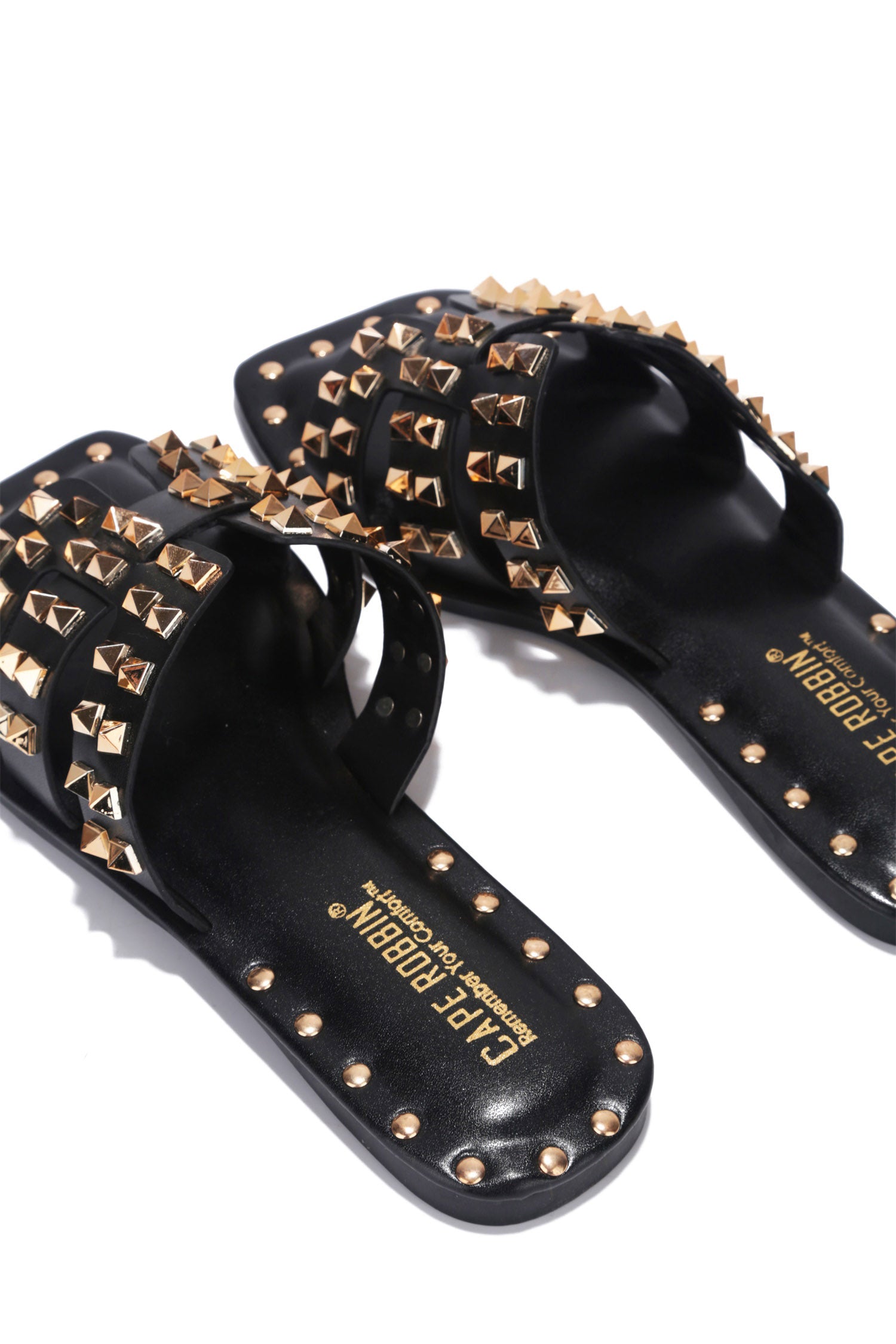 Amisha Gold Spike Studded Slide Sandals - Open Toe Slip On Sandals - Black - Cape Robbin