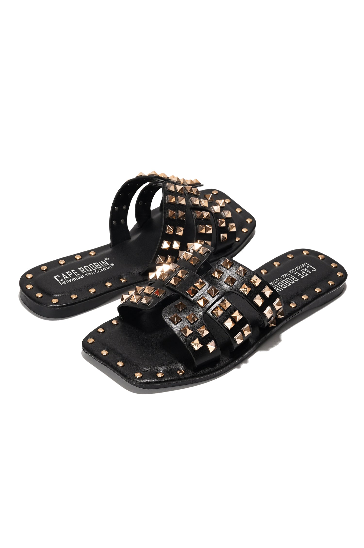 Amisha Gold Spike Studded Slide Sandals - Open Toe Slip On Sandals - Black - Cape Robbin