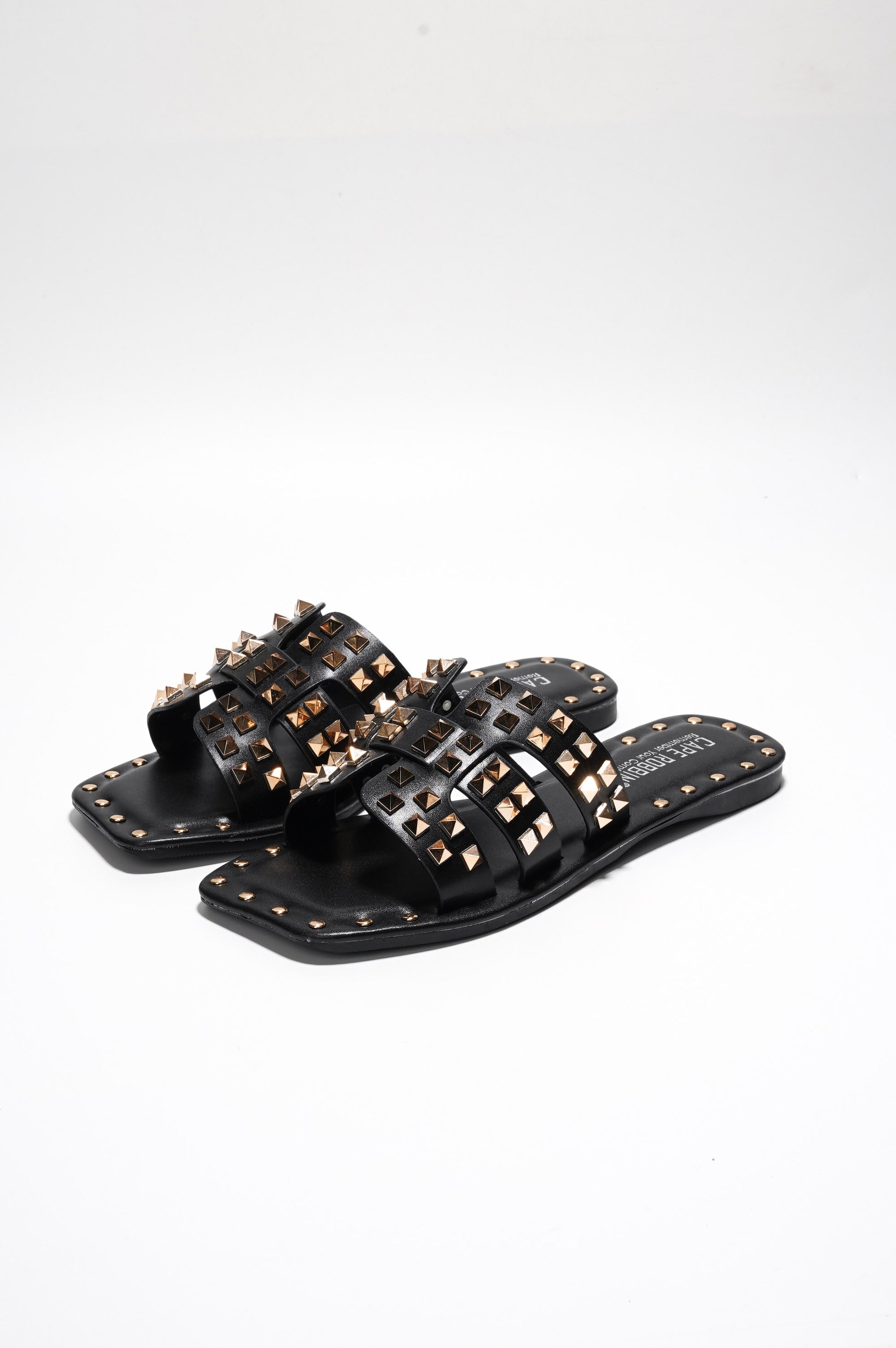 Amisha Gold Spike Studded Slide Sandals - Open Toe Slip On Sandals - Black - Cape Robbin