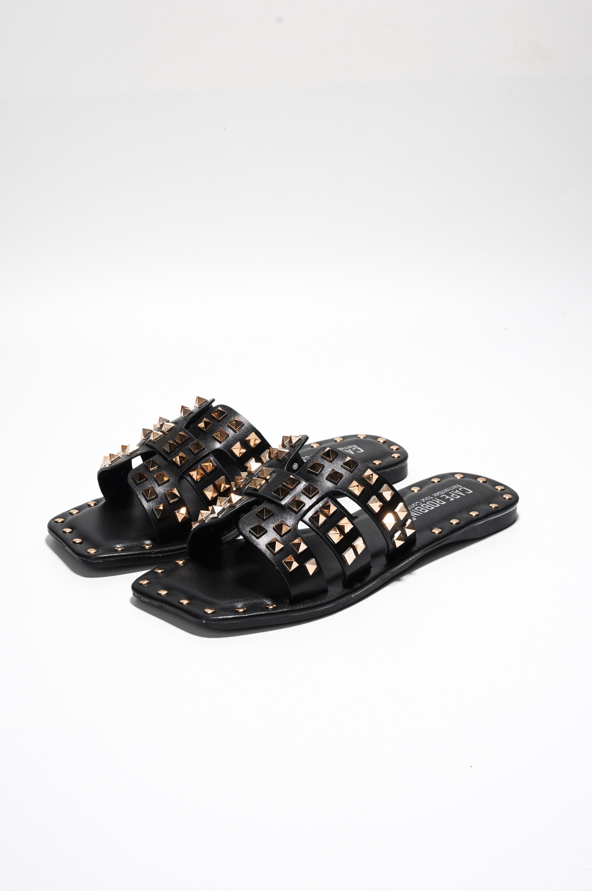 Amisha Gold Spike Studded Slide Sandals - Open Toe Slip On Sandals - Black
