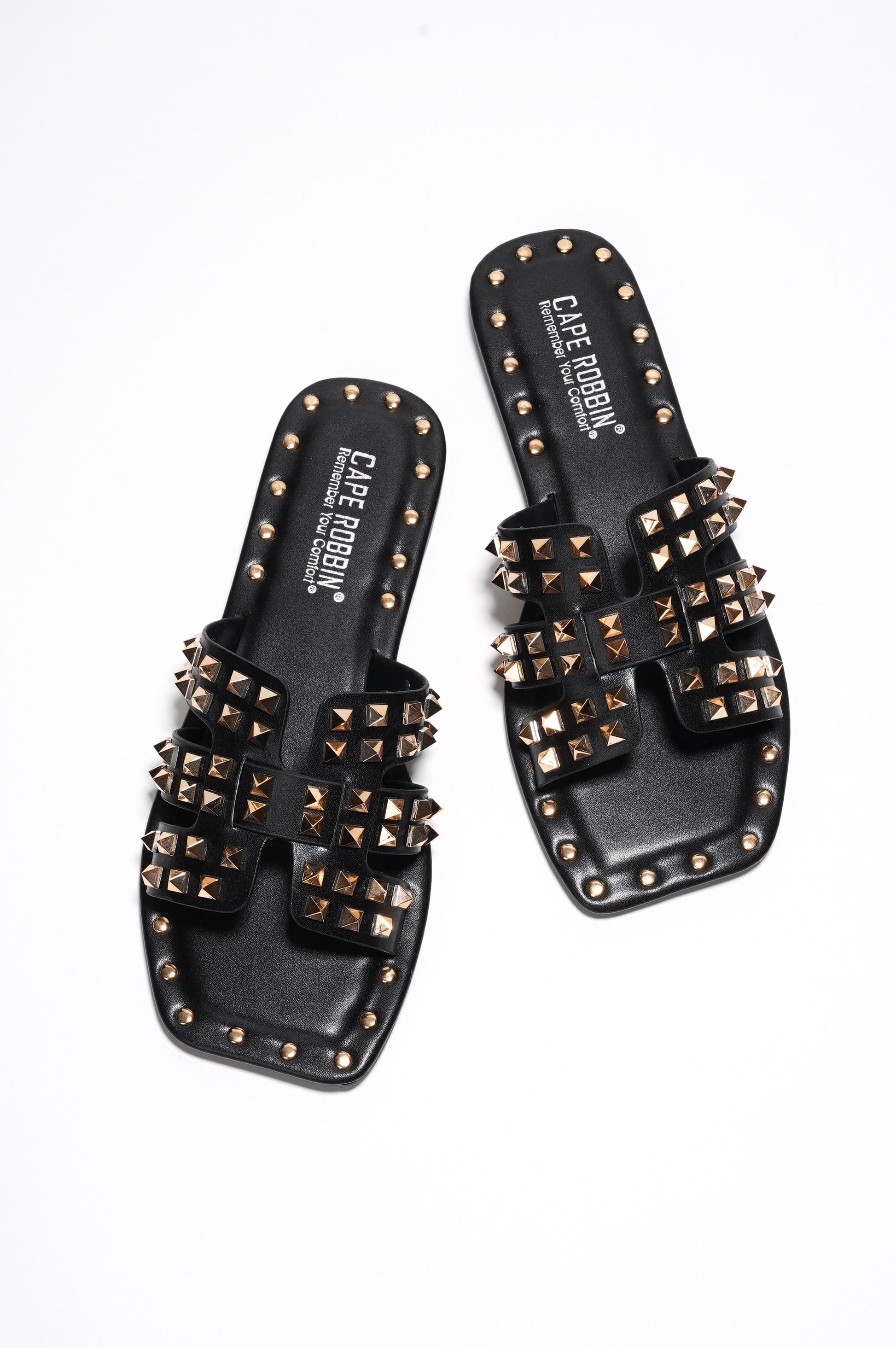 Amisha Gold Spike Studded Slide Sandals - Open Toe Slip On Sandals - Black - Cape Robbin