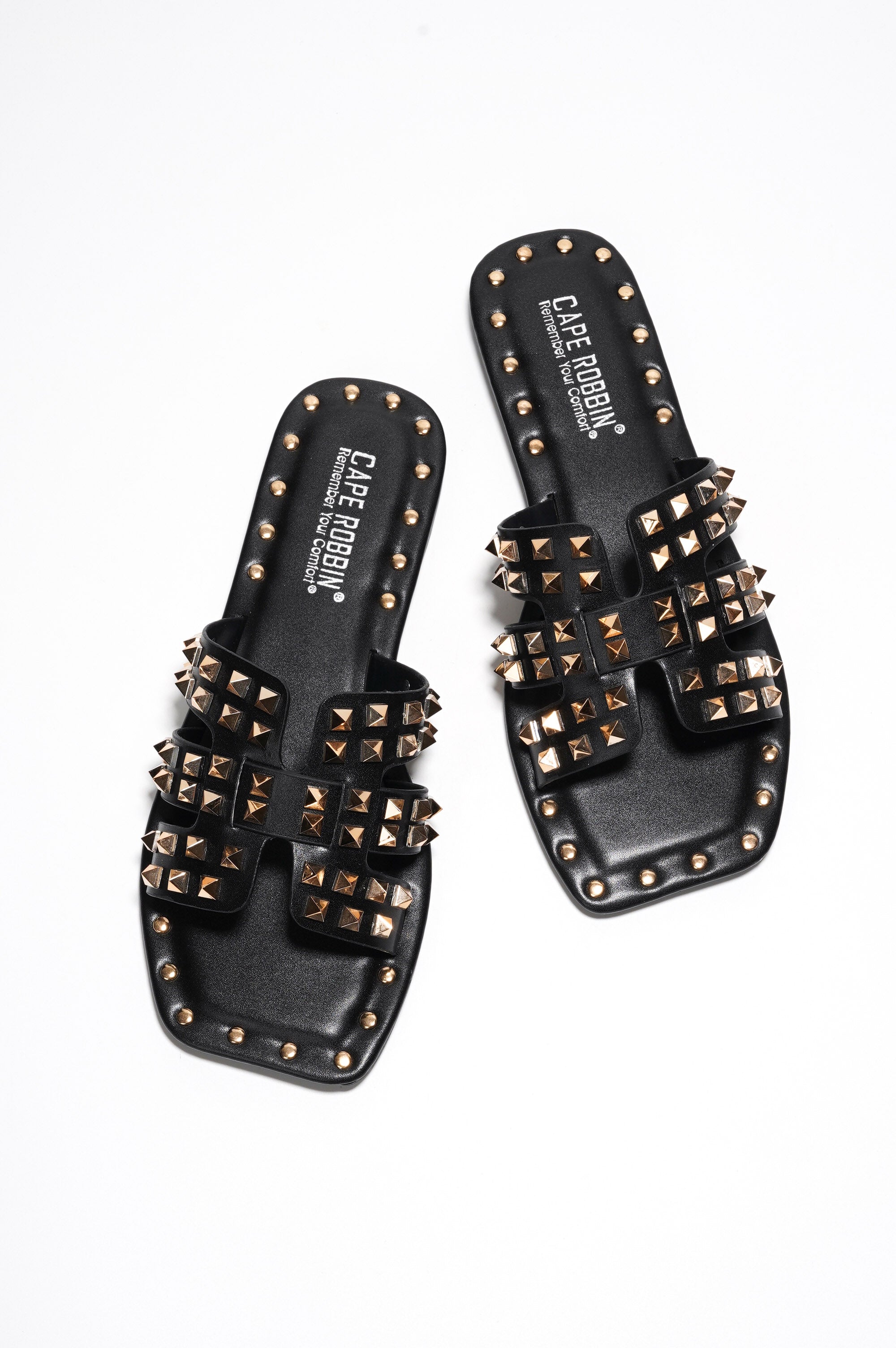 Amisha Gold Spike Studded Slide Sandals - Open Toe Slip On Sandals - Black - Cape Robbin
