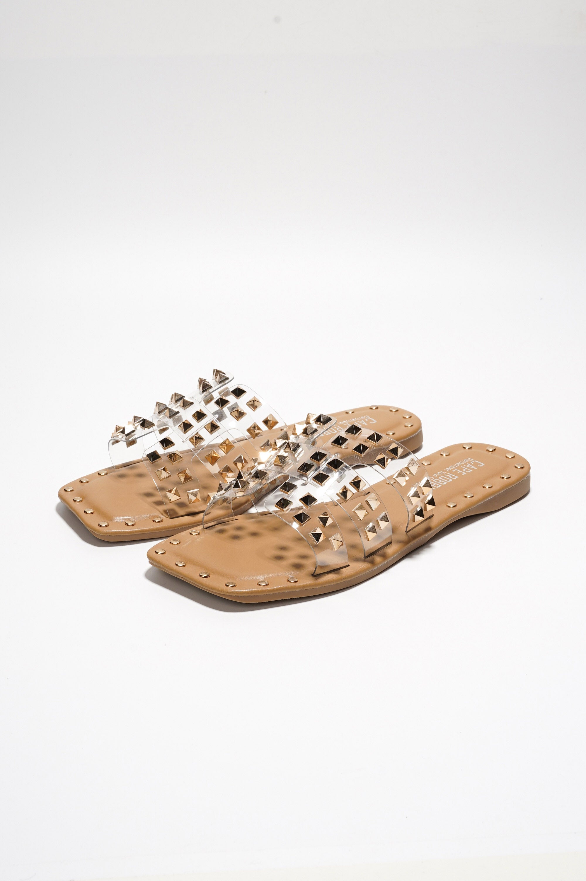 Amisha Gold Spike Studded Slide Sandals - Open Toe Slip On Sandals - Clear