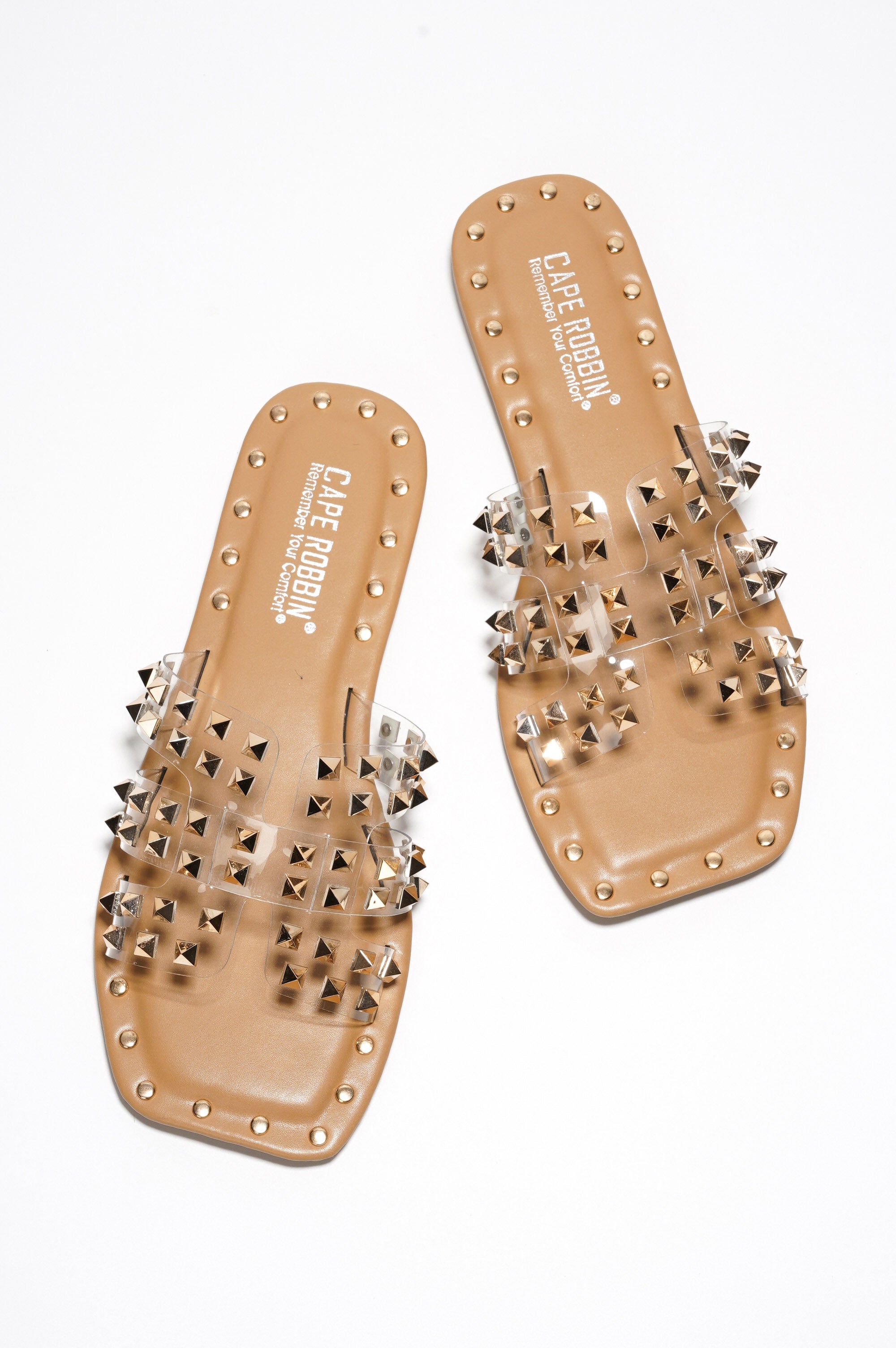 Amisha Gold Spike Studded Slide Sandals - Open Toe Slip On Sandals - Clear - Cape Robbin