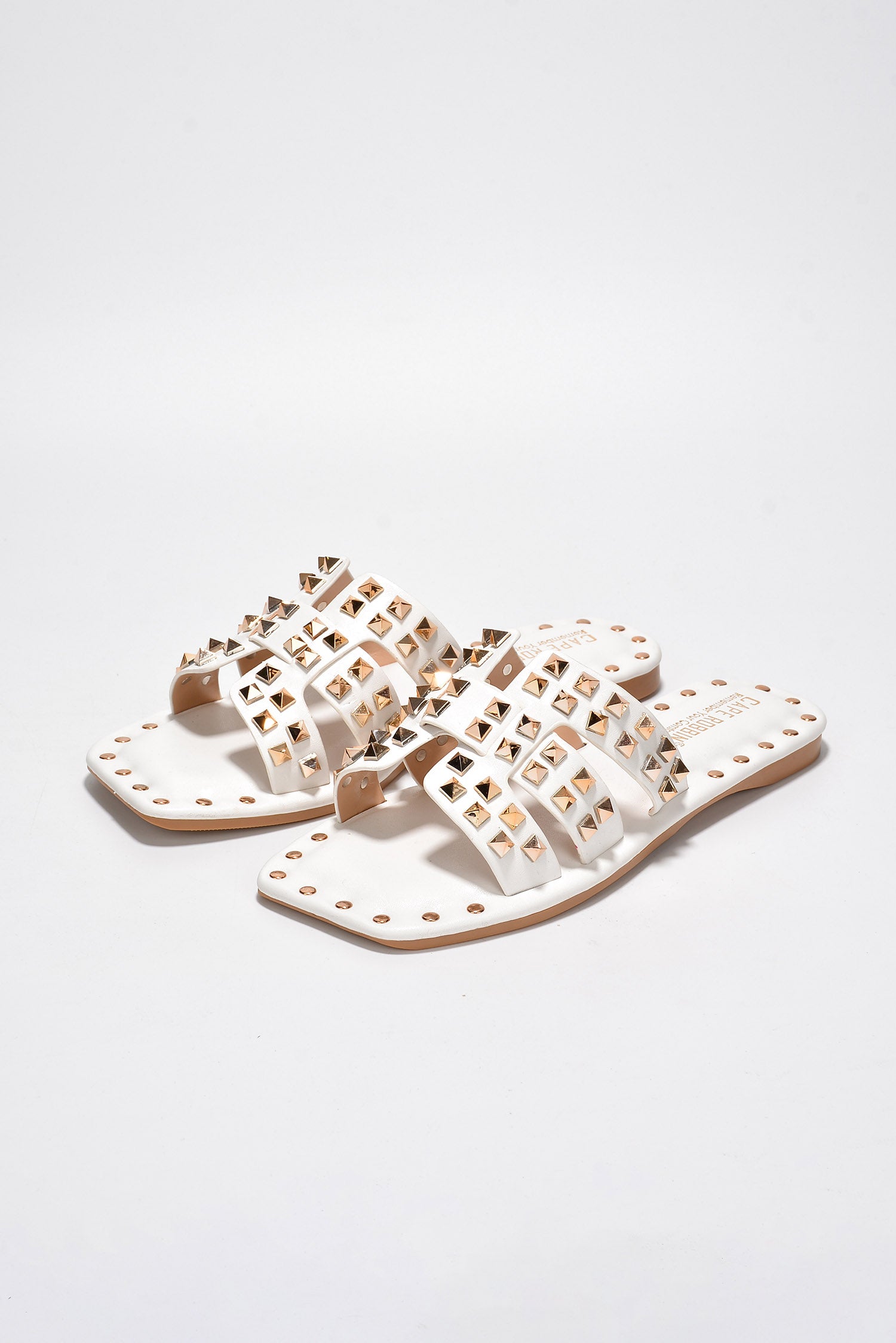 Amisha Gold Spike Studded Slide Sandals - Open Toe Slip On Sandals - White