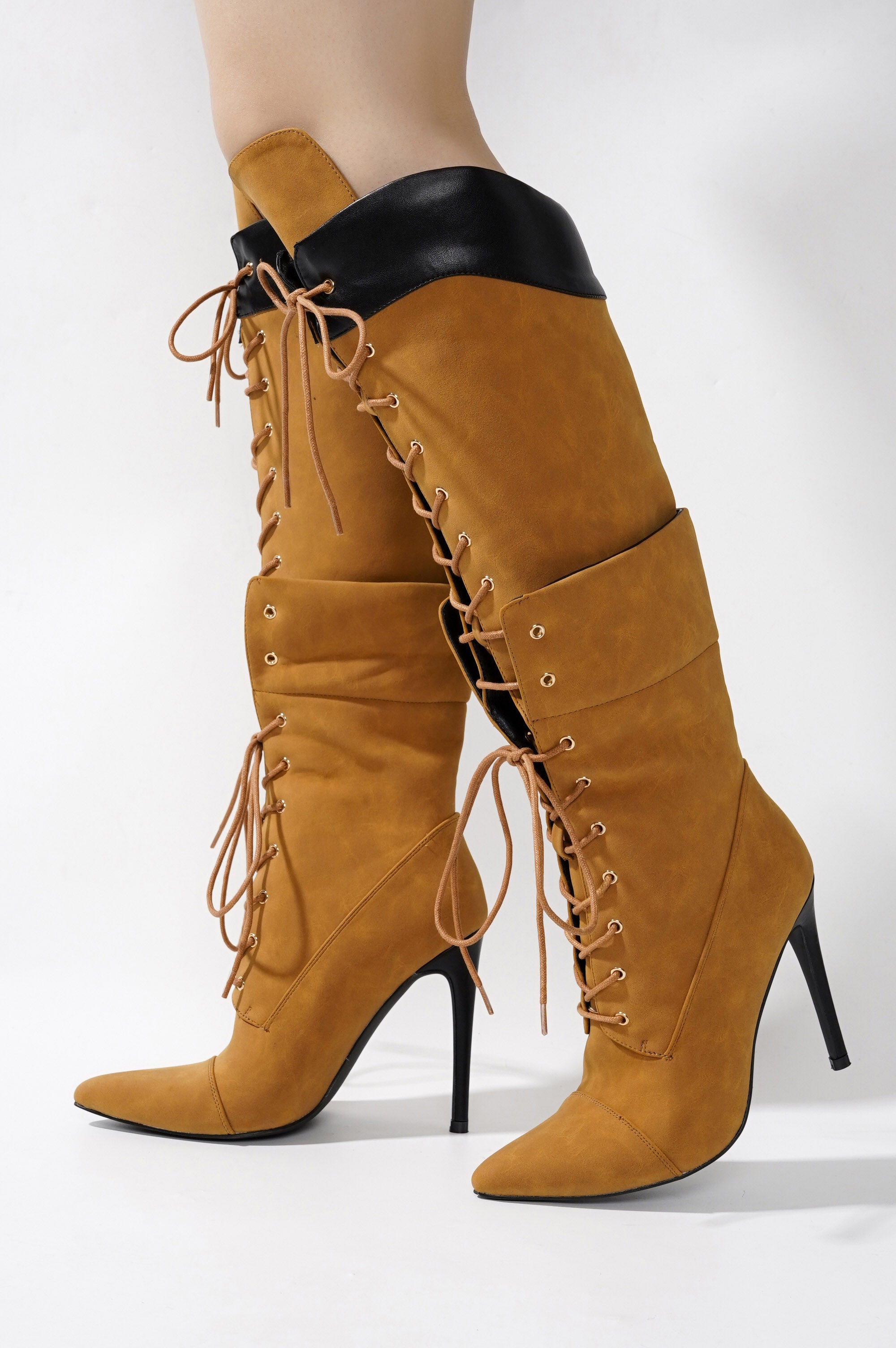 Annamarie Lace-Up Knee High Heel Boots - Tan