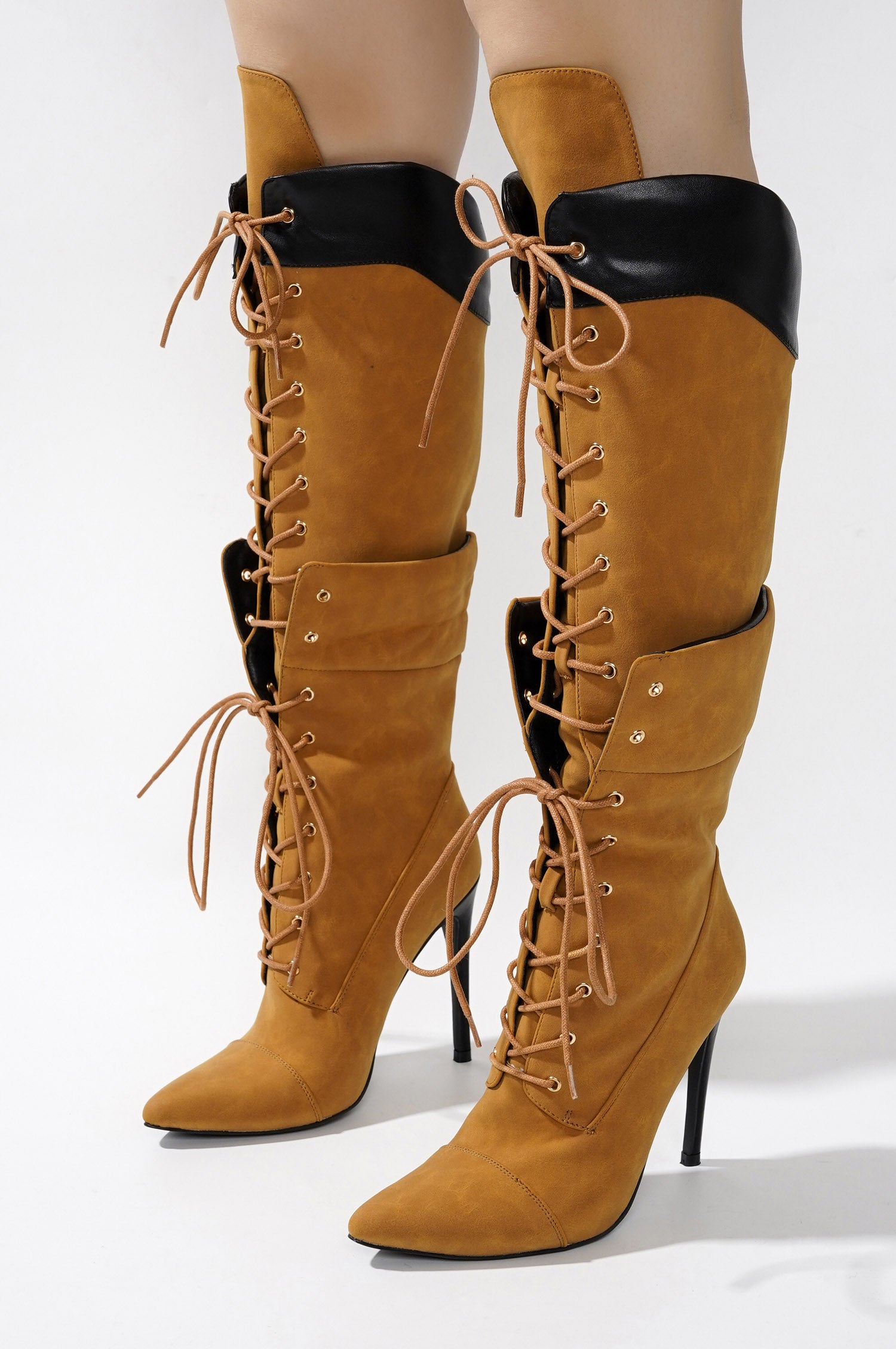 Annamarie Lace-Up Knee High Heel Boots - Tan