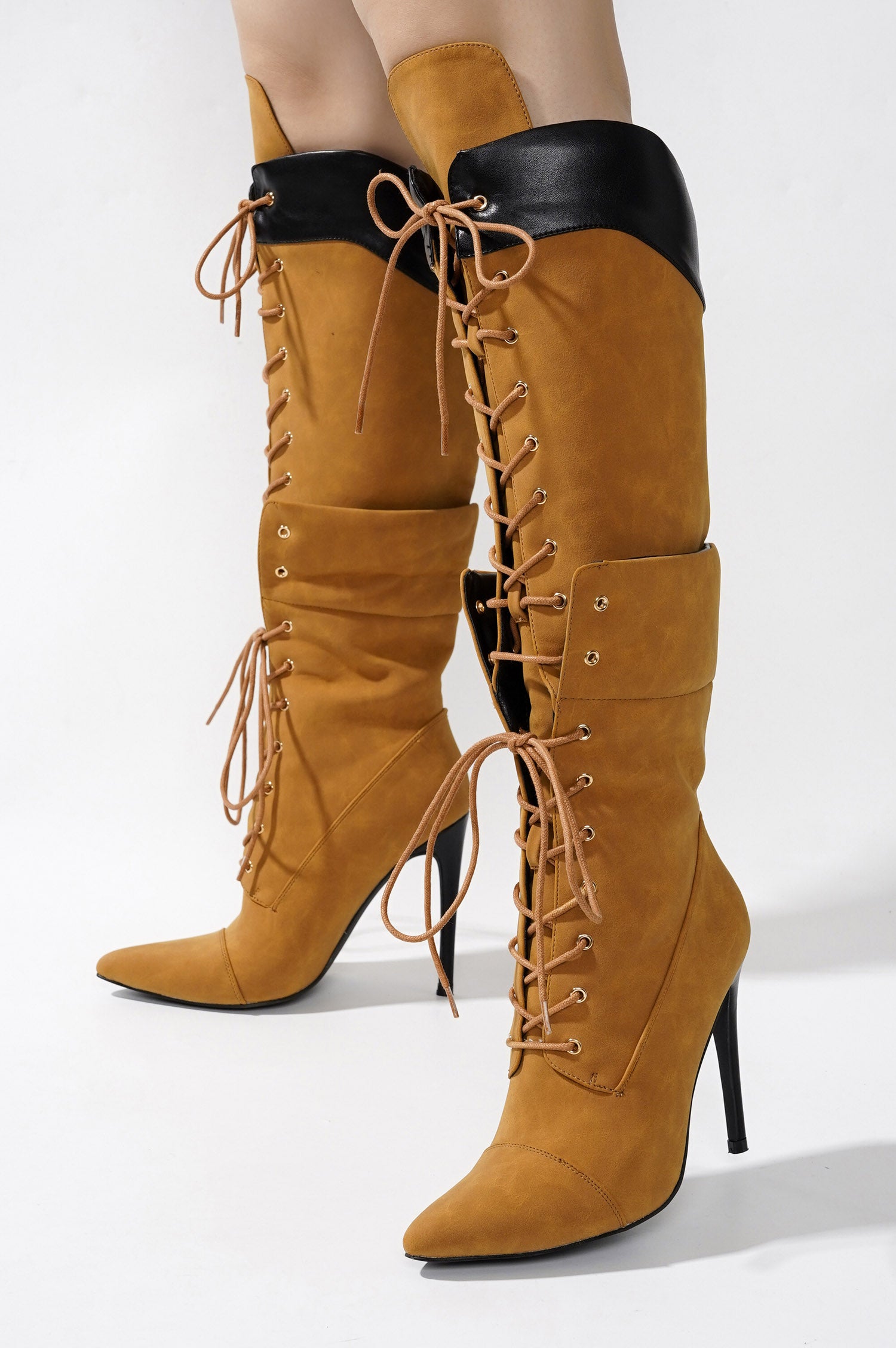 Annamarie Lace-Up Knee High Heel Boots Tan – Cape Robbin