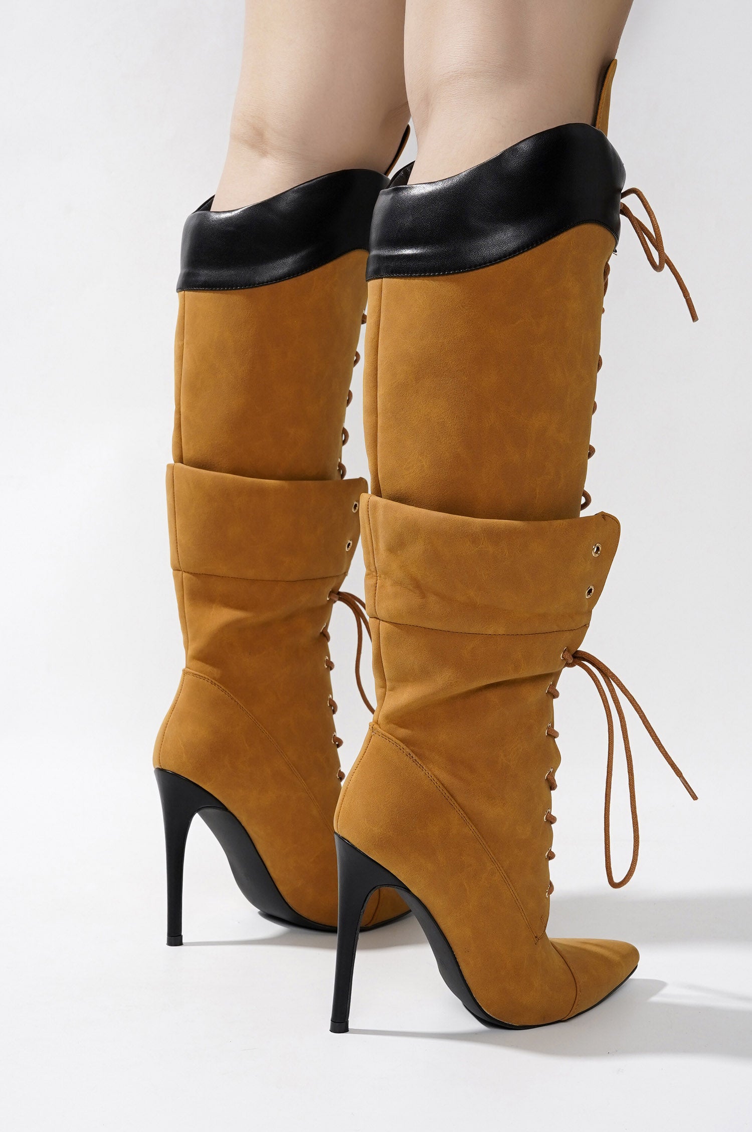Annamarie Lace-Up Knee High Heel Boots - Tan
