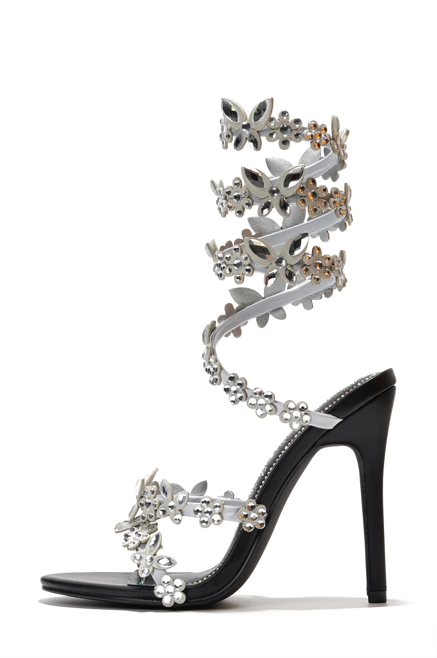 Chastity Rhinestone Floral Embellished Stiletto High Heel Sandals