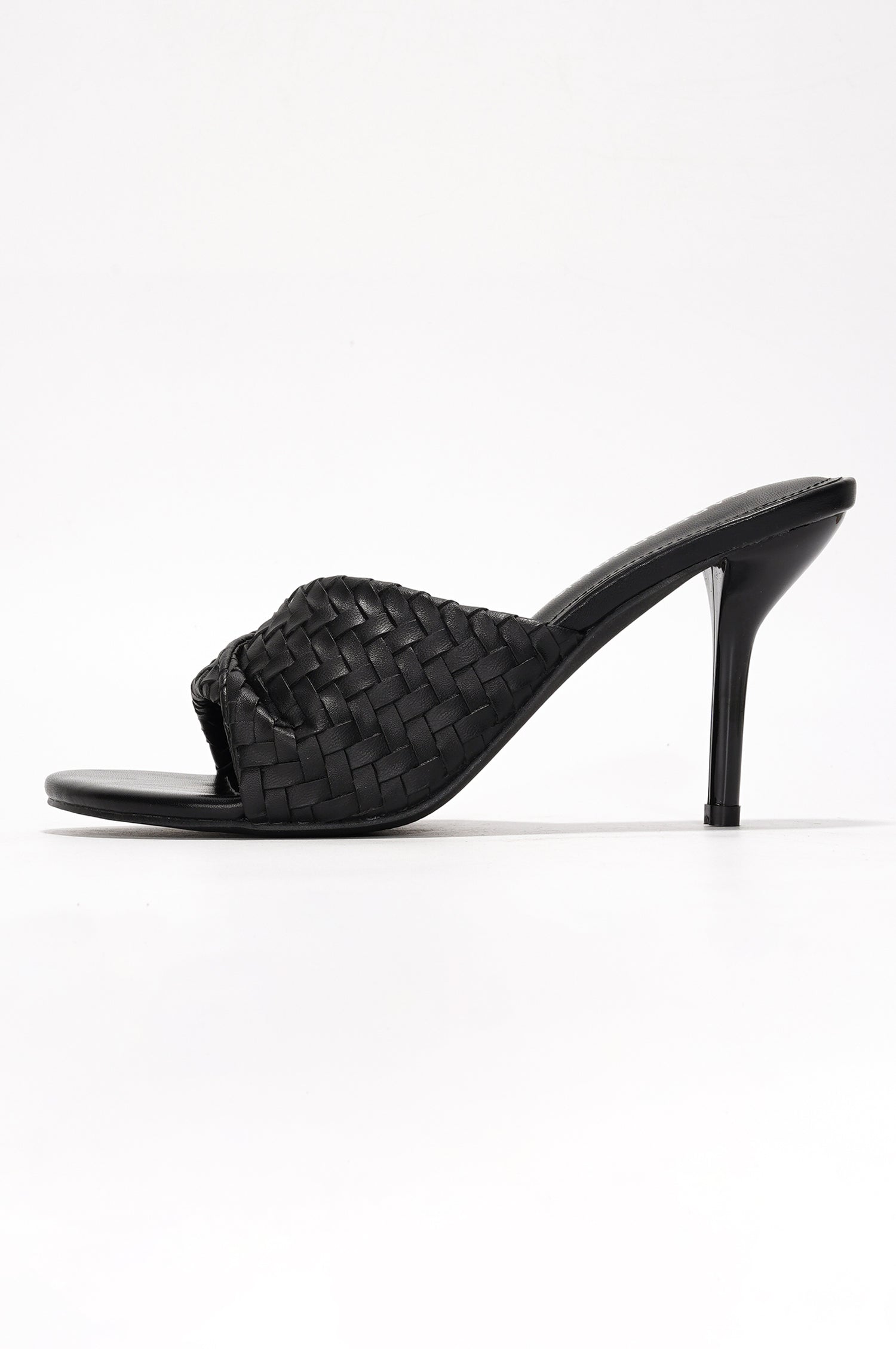 Cristin Braided Strap Heeled Sandals - Slip On Mules with Stiletto Heel - Black