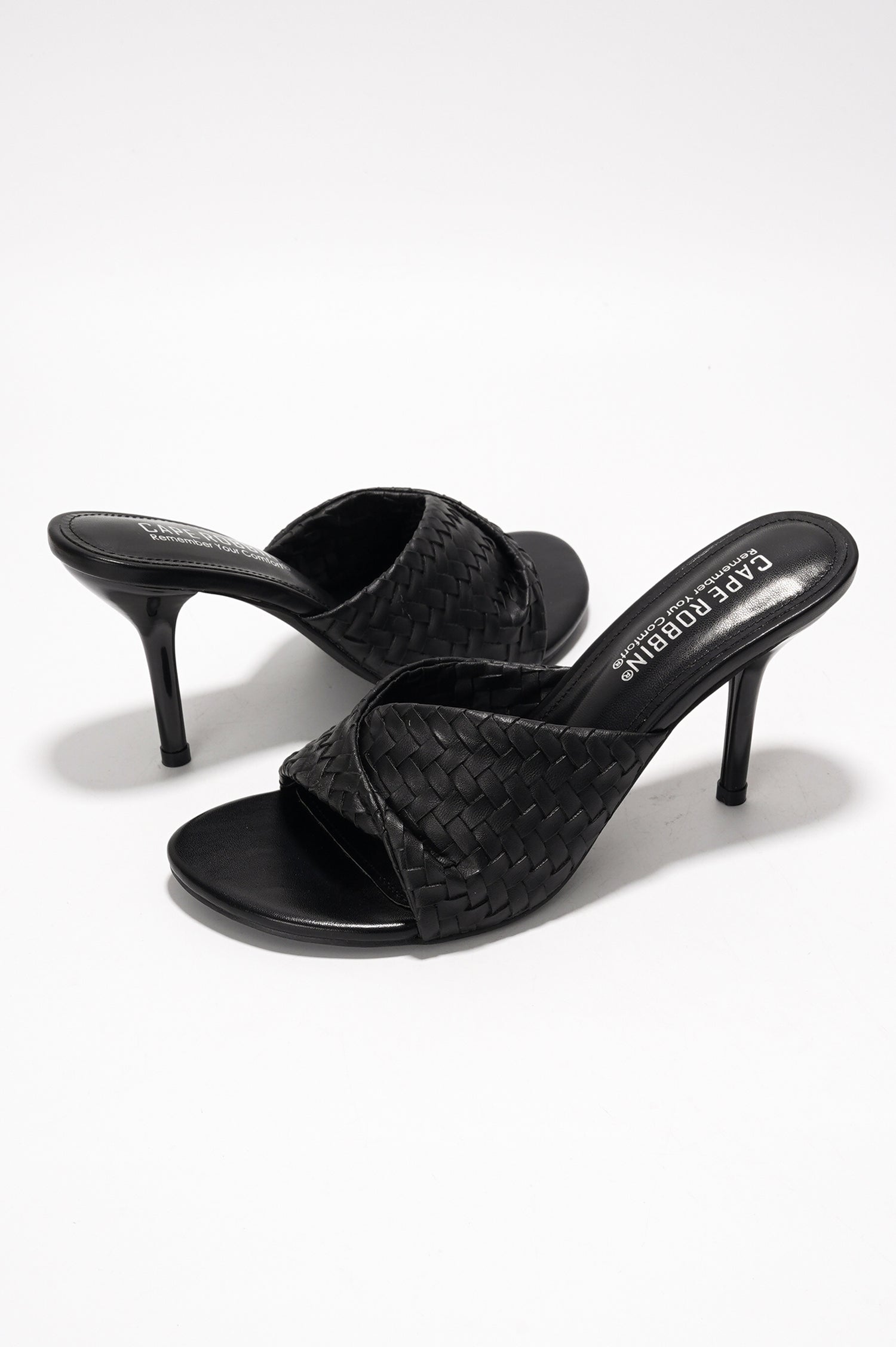 Cristin Braided Strap Heeled Sandals - Slip On Mules with Stiletto Heel - Black