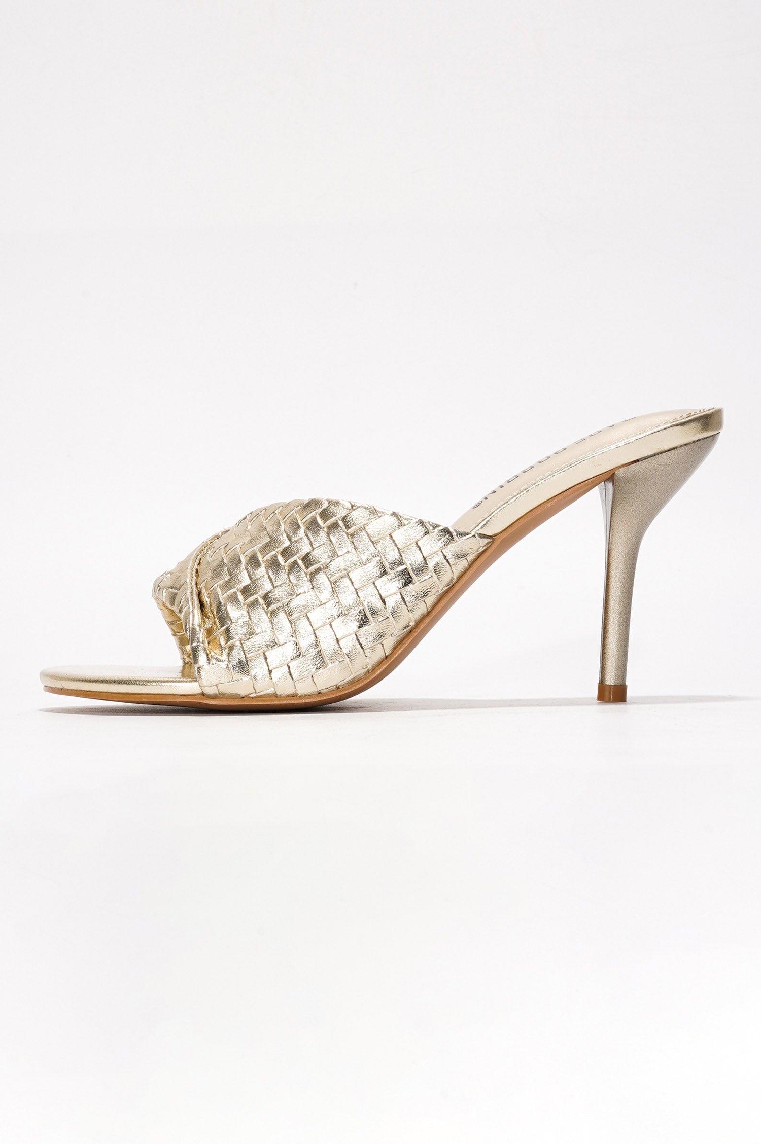 Cristin Braided Strap Heeled Sandals - Slip On Mules with Stiletto Heel - Gold