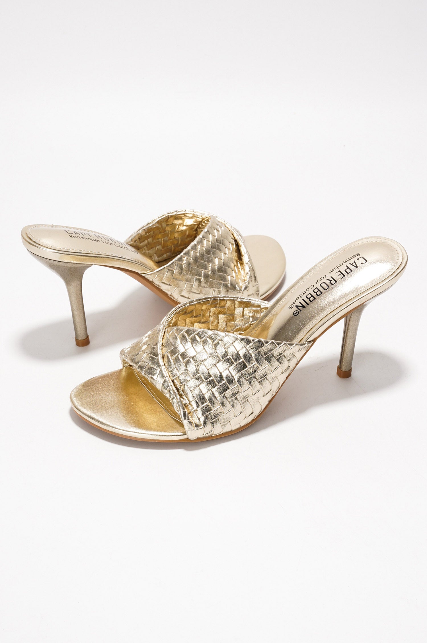 Cristin Braided Strap Heeled Sandals - Slip On Mules with Stiletto Heel - Gold