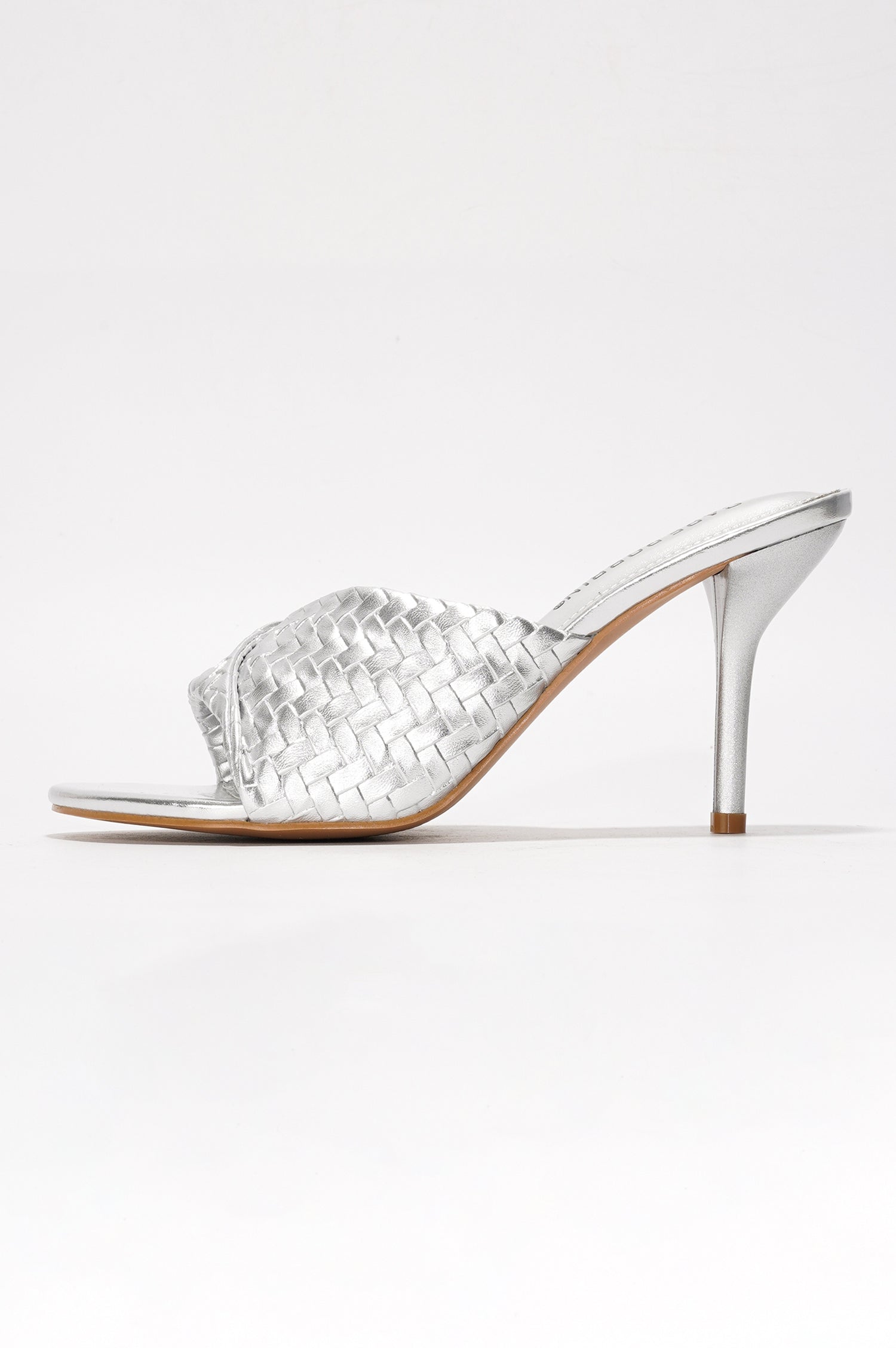 Cristin Braided Strap Heeled Sandals - Slip On Mules with Stiletto Heel - Silver