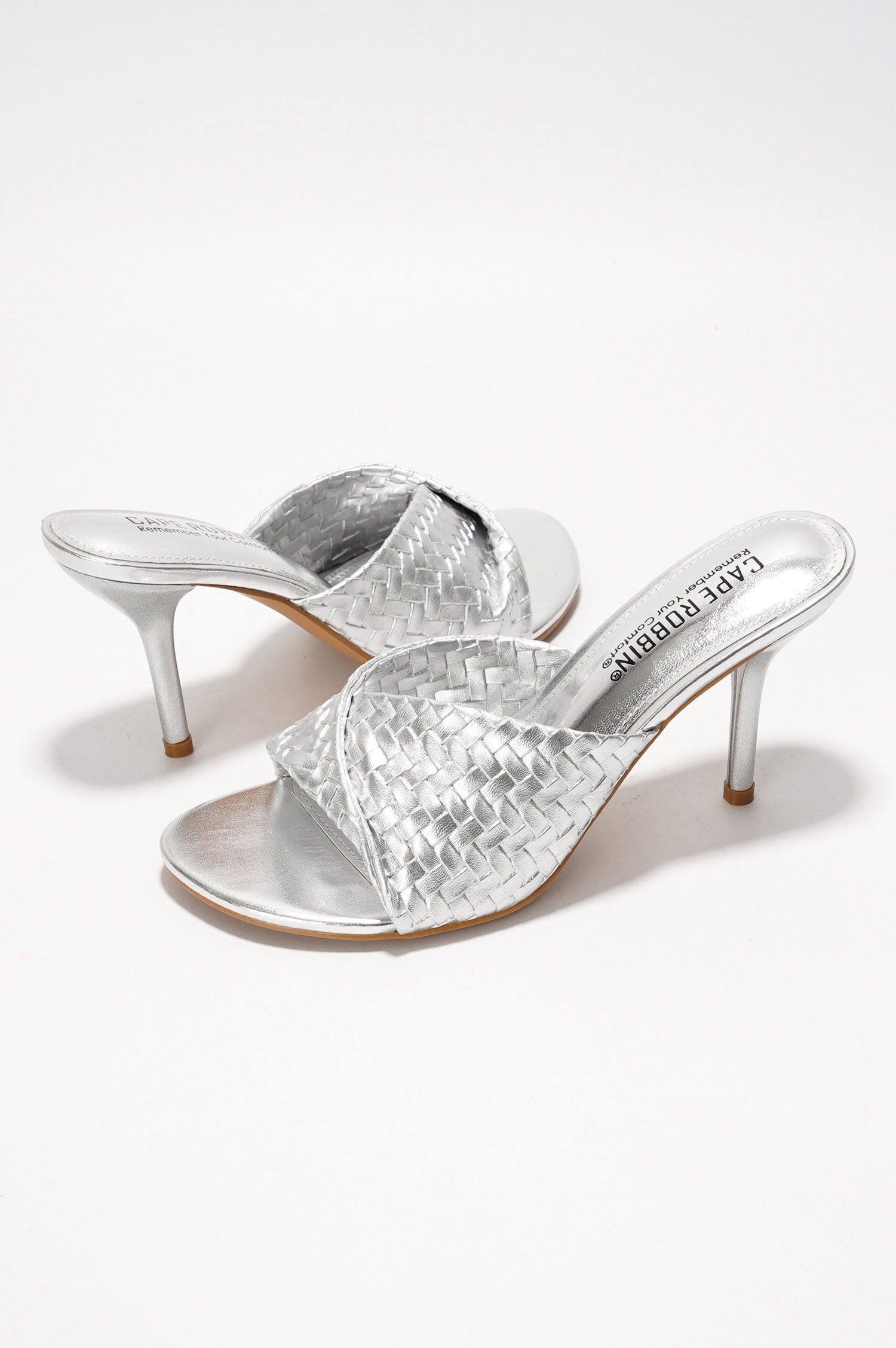 Cristin Braided Strap Heeled Sandals - Slip On Mules with Stiletto Heel - Silver