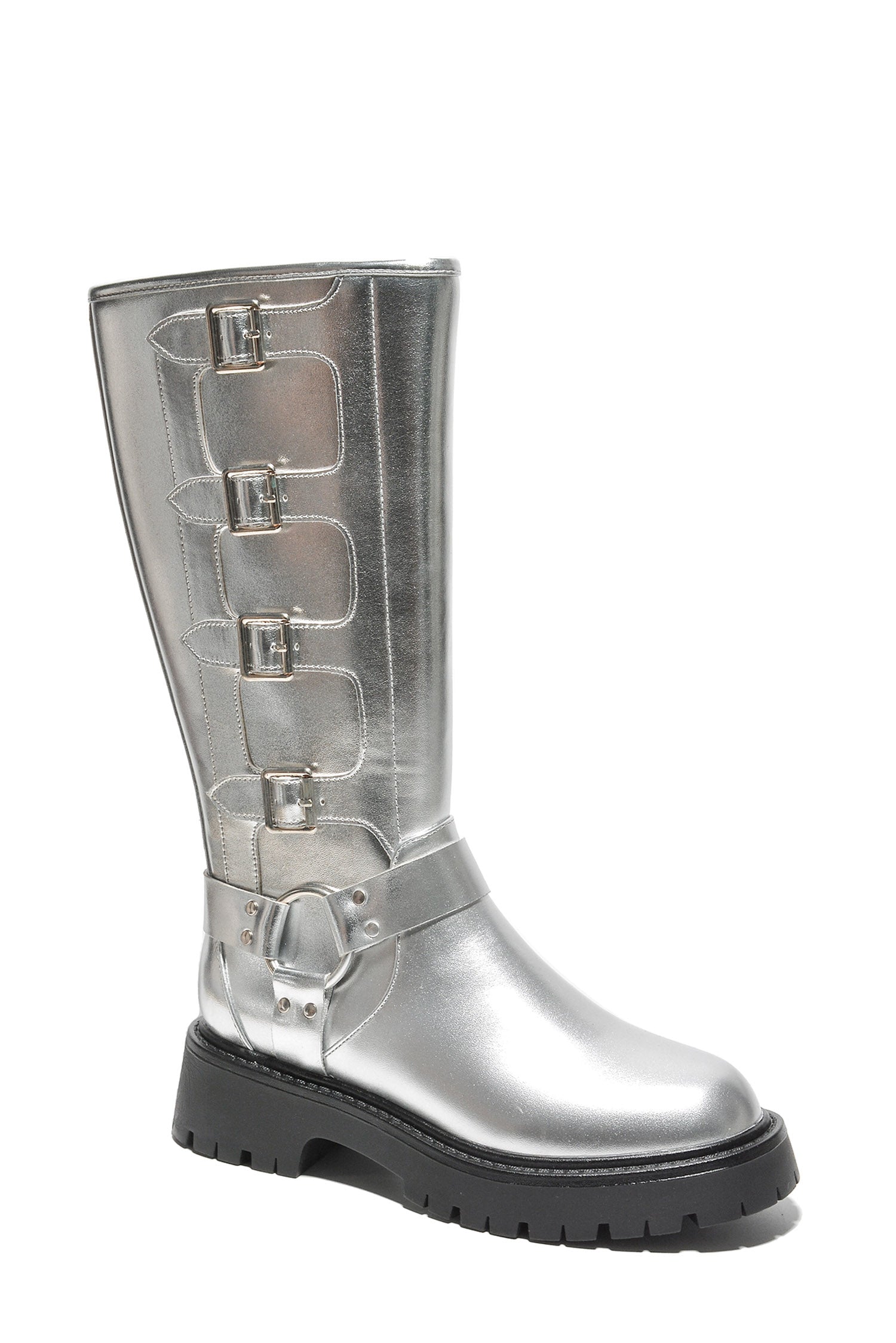 Dayton Square Toe Buckle Calf Length Boots - Silver