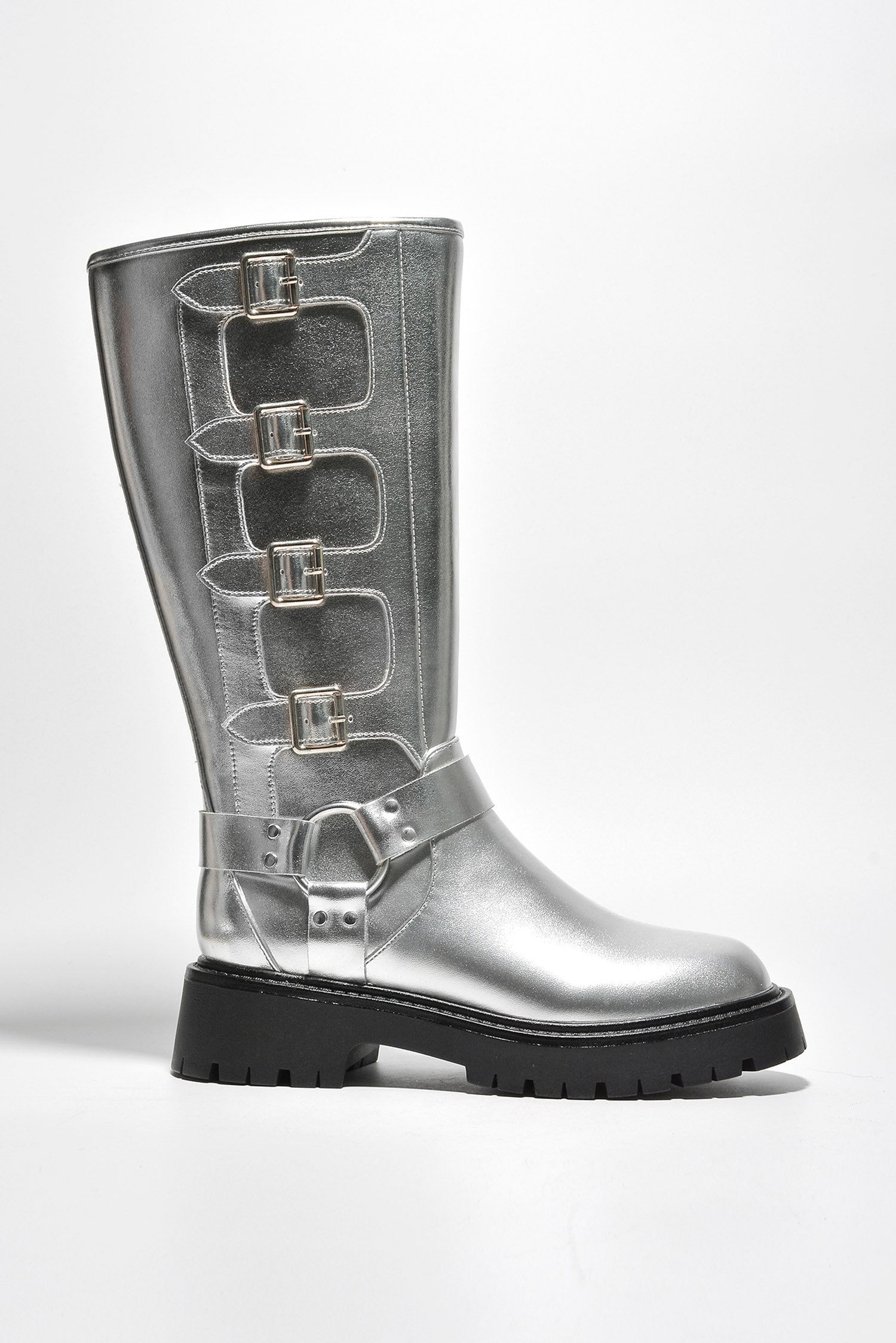Dayton Square Toe Buckle Calf Length Boots - Silver