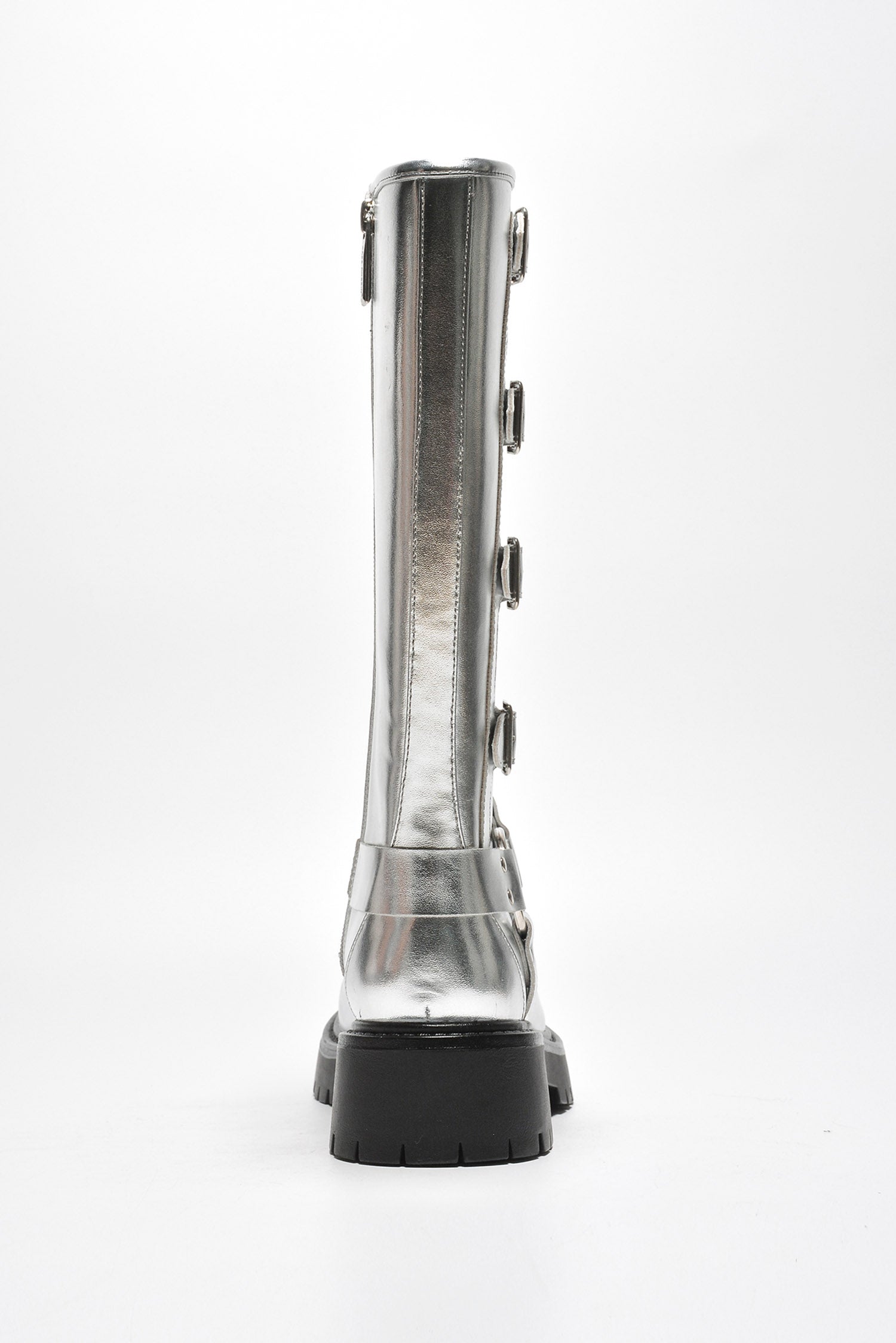 Dayton Square Toe Buckle Calf Length Boots - Silver