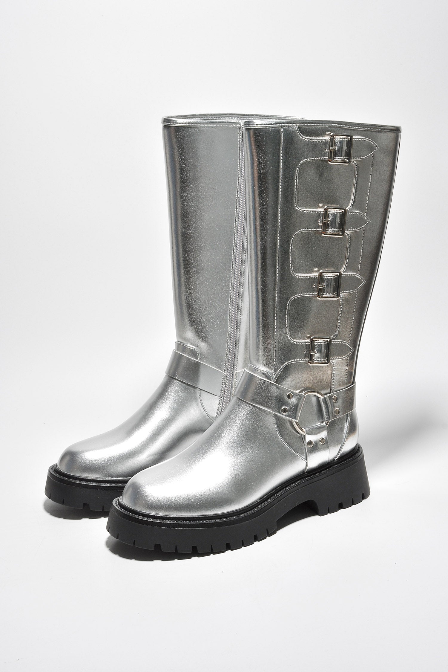 Dayton Square Toe Buckle Calf Length Boots - Silver