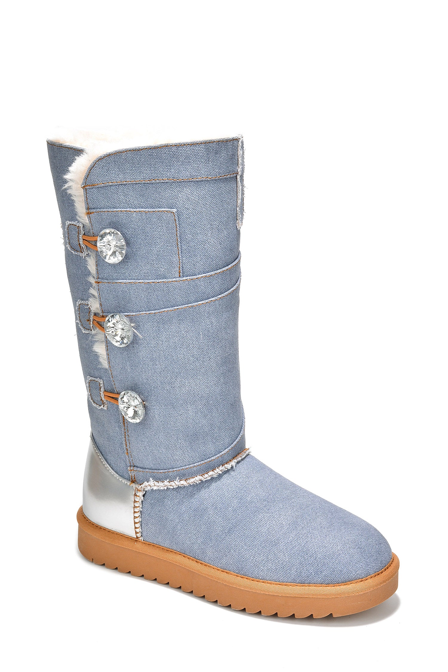 Denisol Denim Boots with Crystal Button Accents - Blue