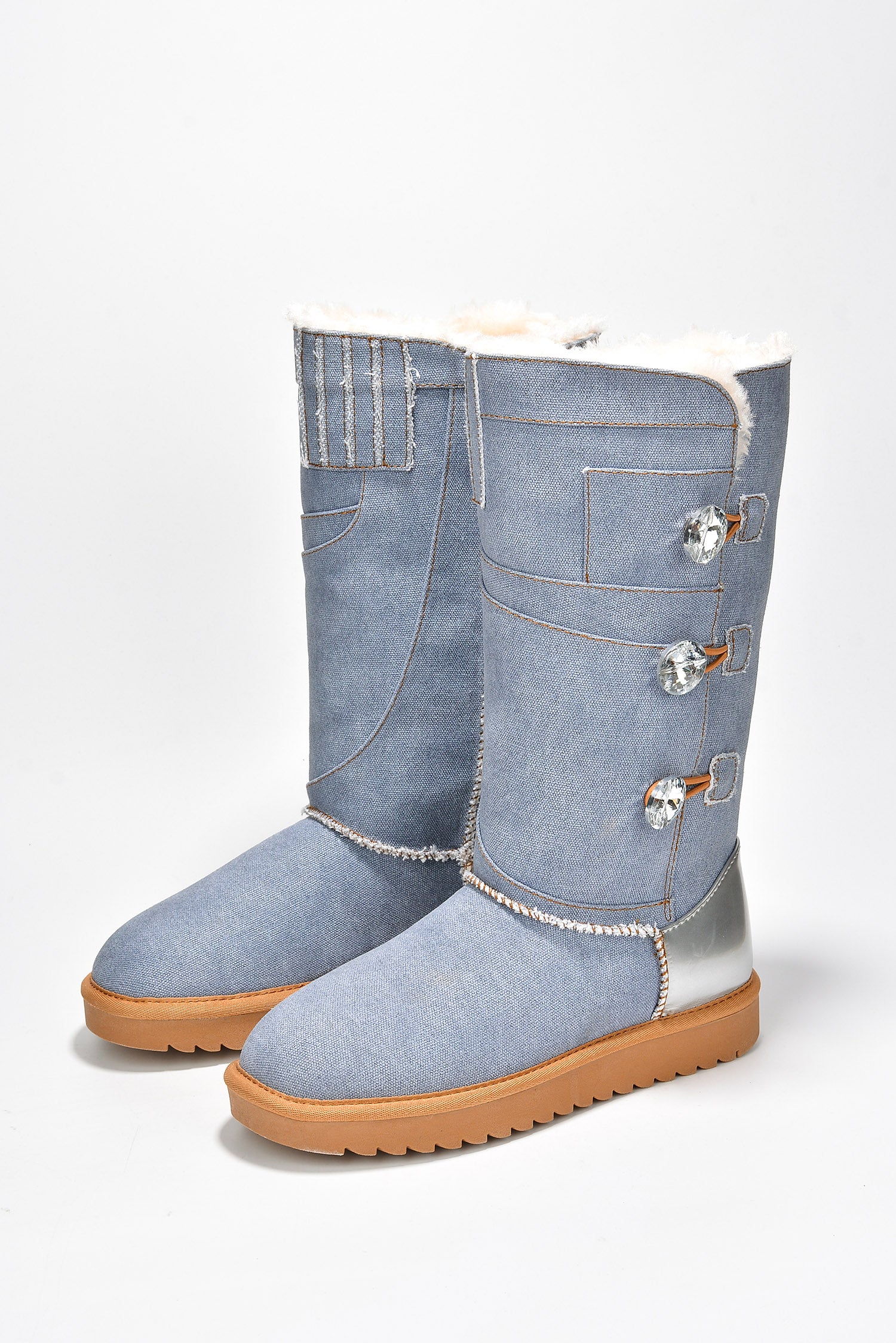 Denisol Denim Boots with Crystal Button Accents - Blue