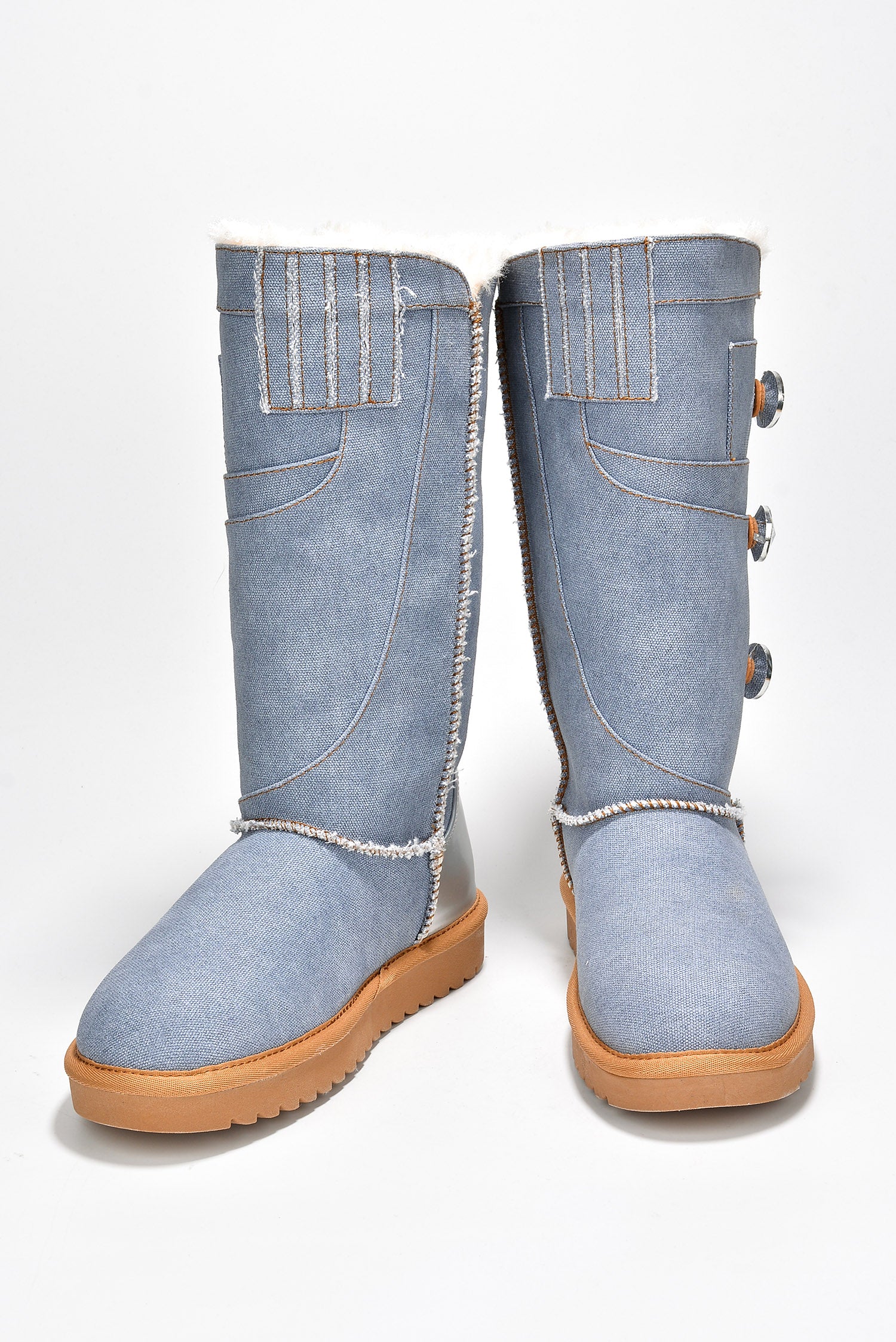 Denisol Denim Boots with Crystal Button Accents - Blue