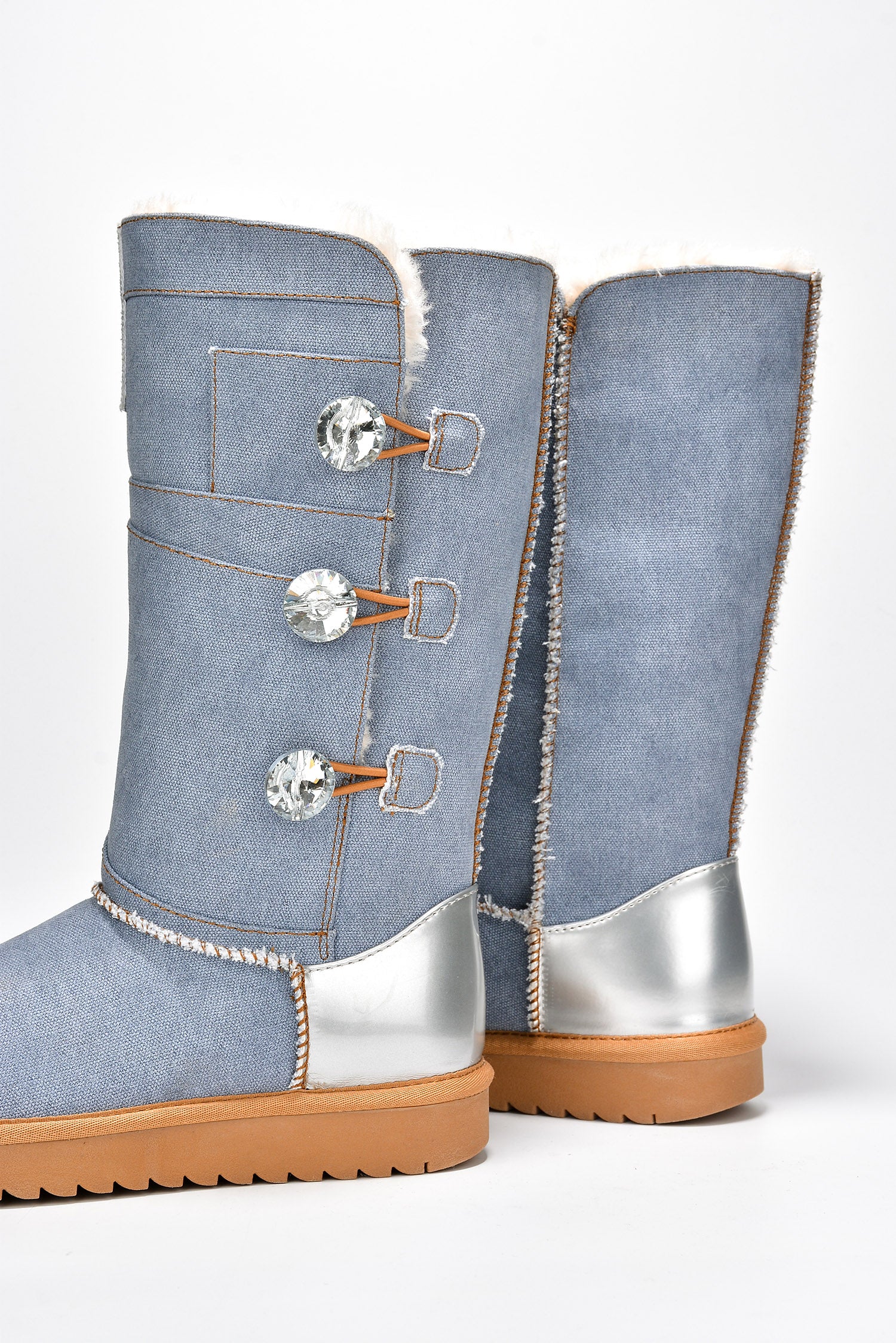 Denisol Denim Boots with Crystal Button Accents - Blue