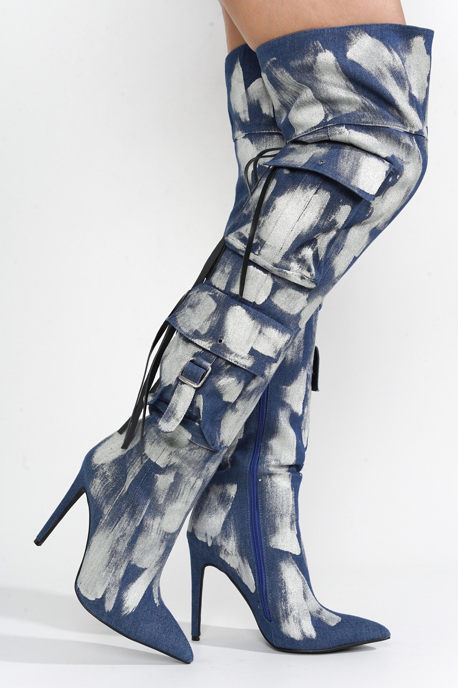 Detroit Thigh-High Metallic Boots - Silver