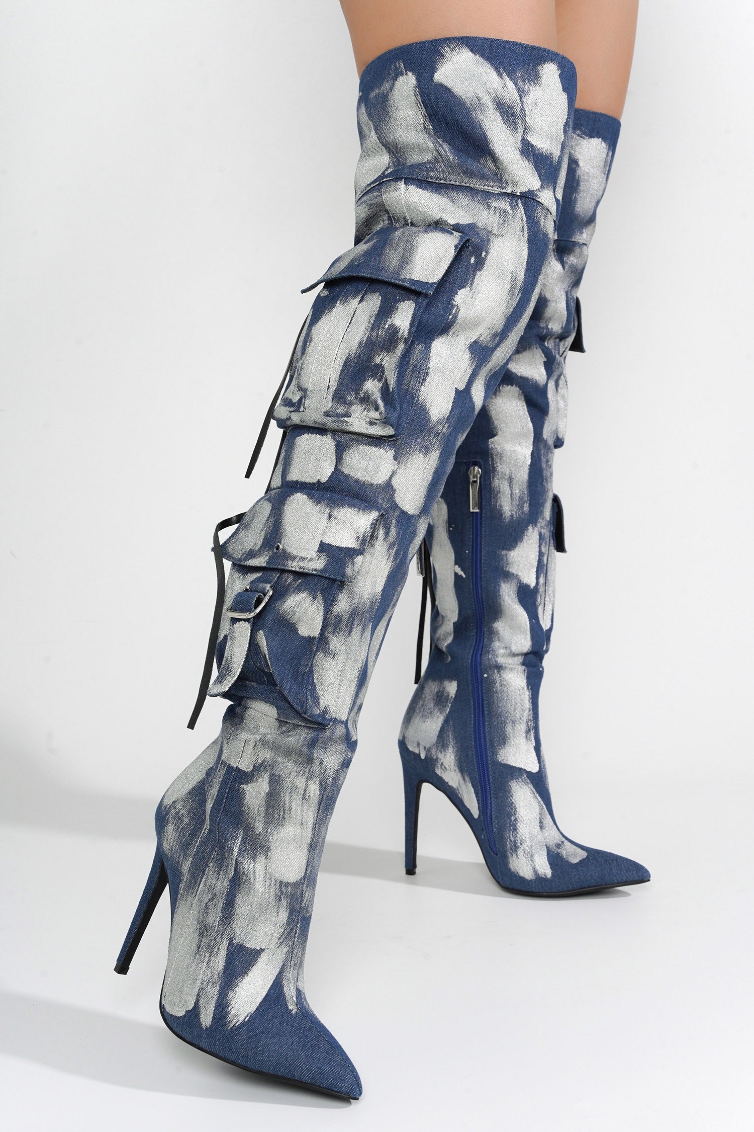 Detroit Thigh-High Metallic Boots - Silver