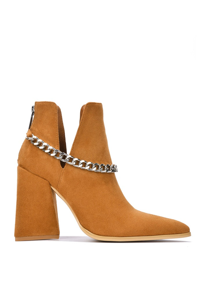 Devica Pointy Toe Block Heel Ankle Booties - Tan