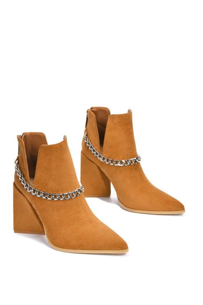 Devica Pointy Toe Block Heel Ankle Booties - Tan
