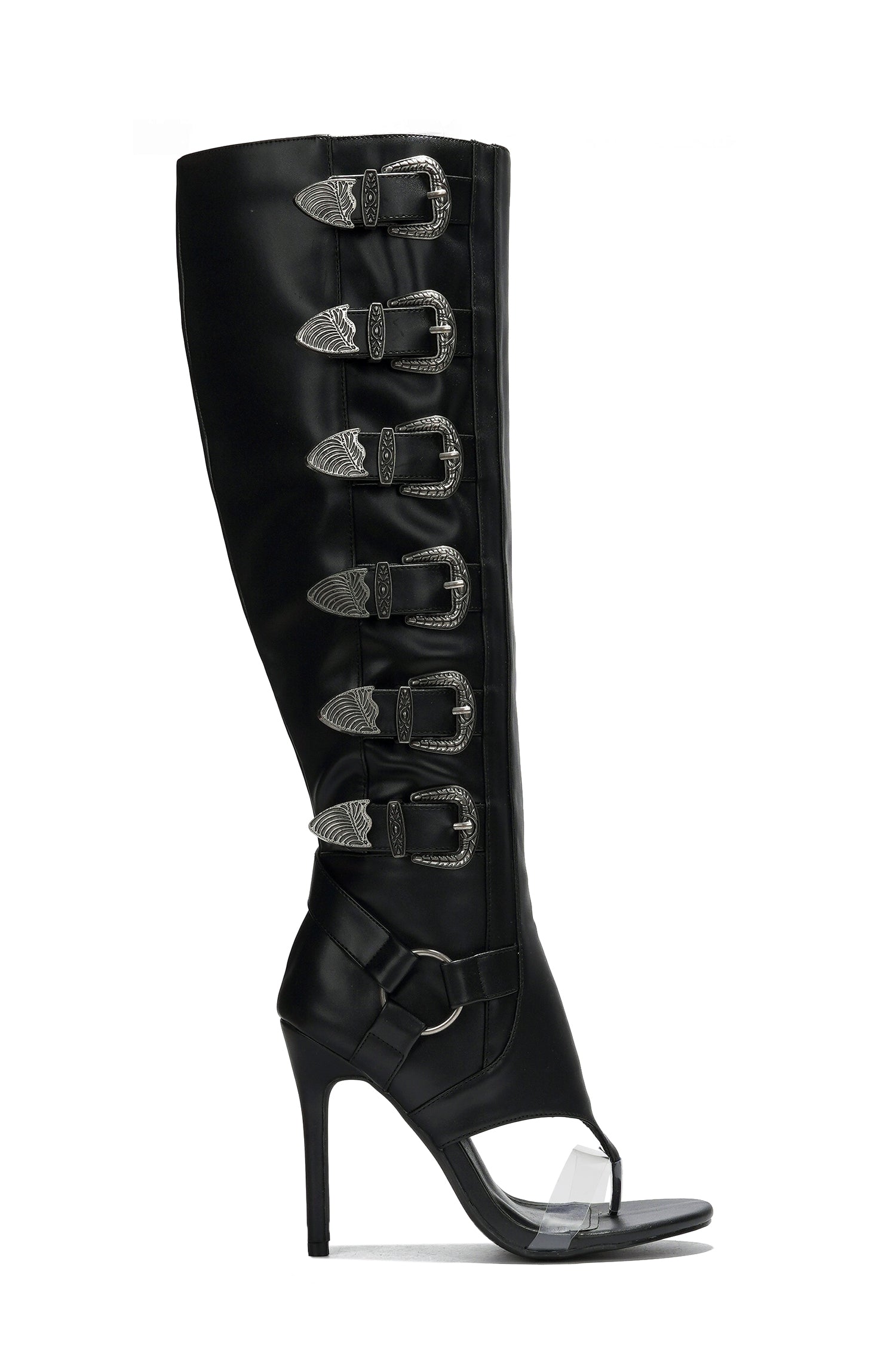 Elarahh Belt Buckle Open Round Toe Heel Boots - Black