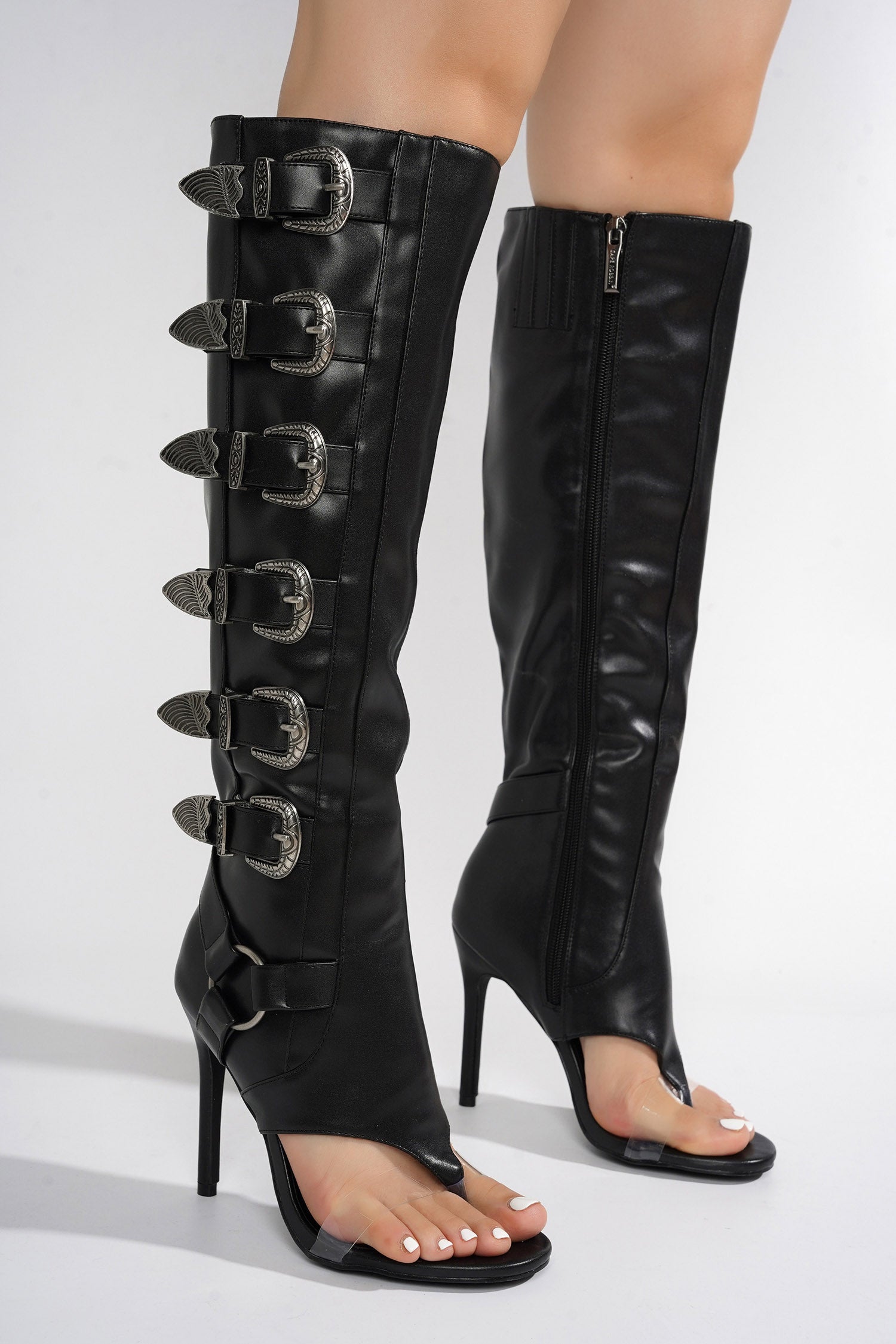 Elarahh Belt Buckle Open Round Toe Heel Boots - Black