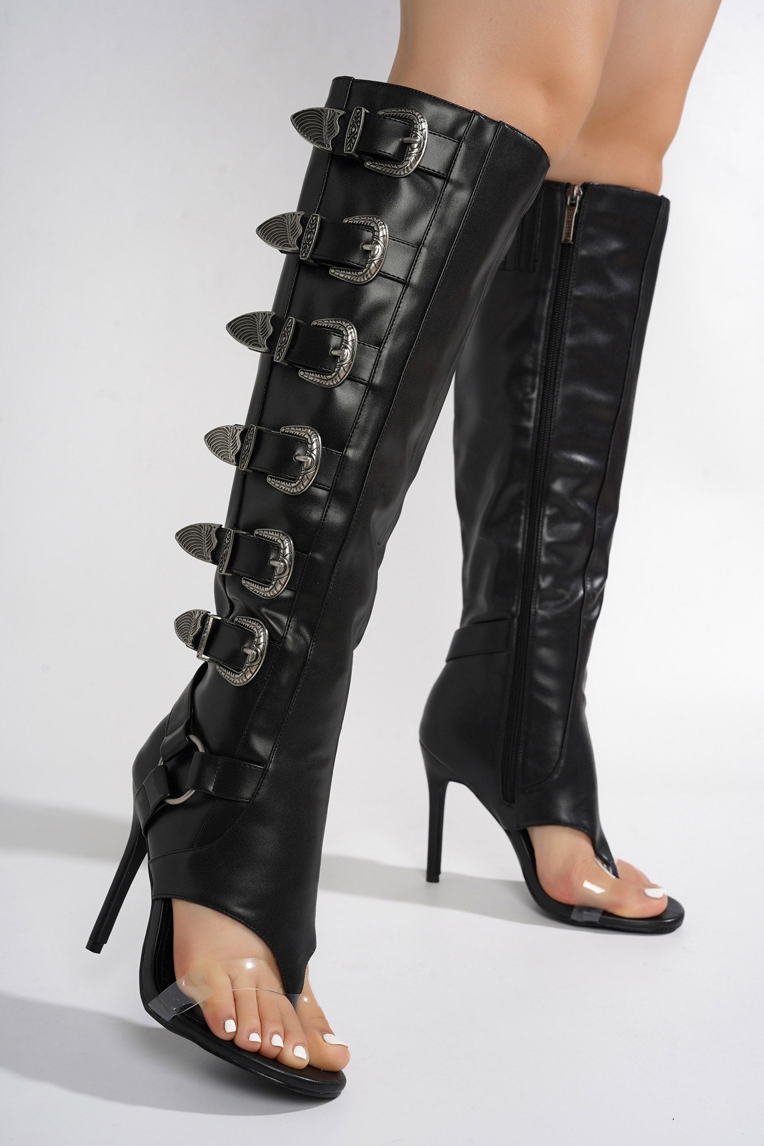 Elarahh Belt Buckle Open Round Toe Heel Boots - Black