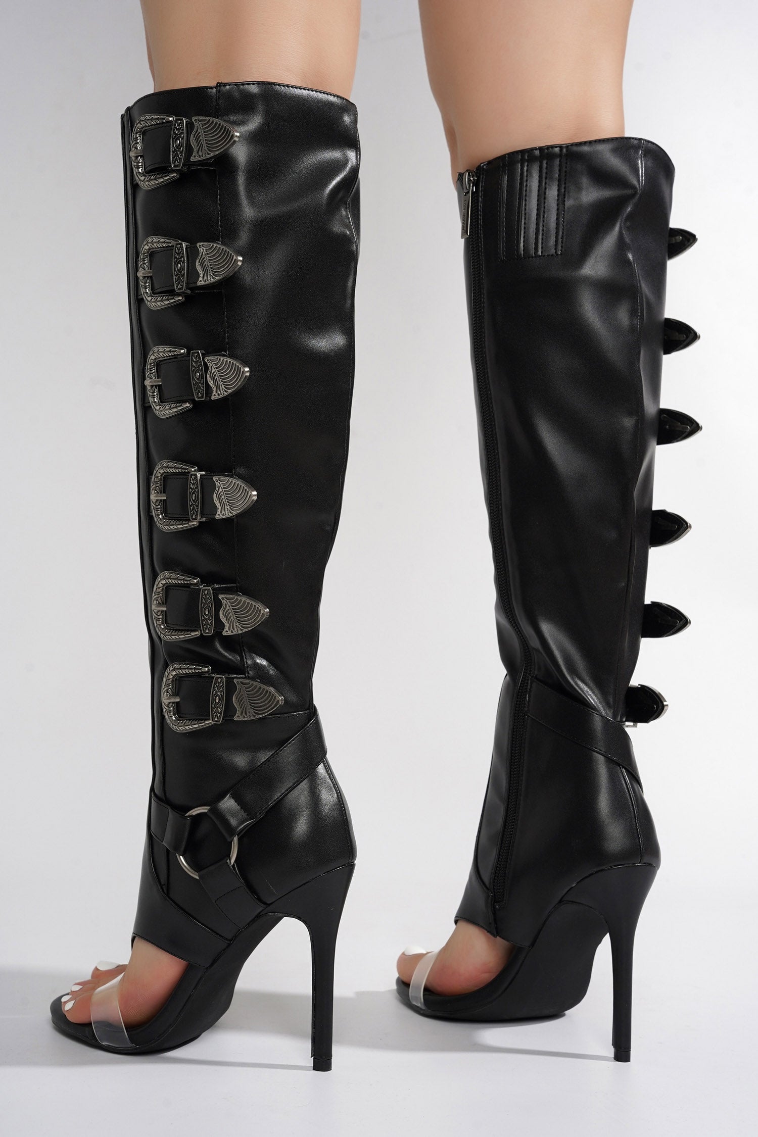 Elarahh Belt Buckle Open Round Toe Heel Boots - Black
